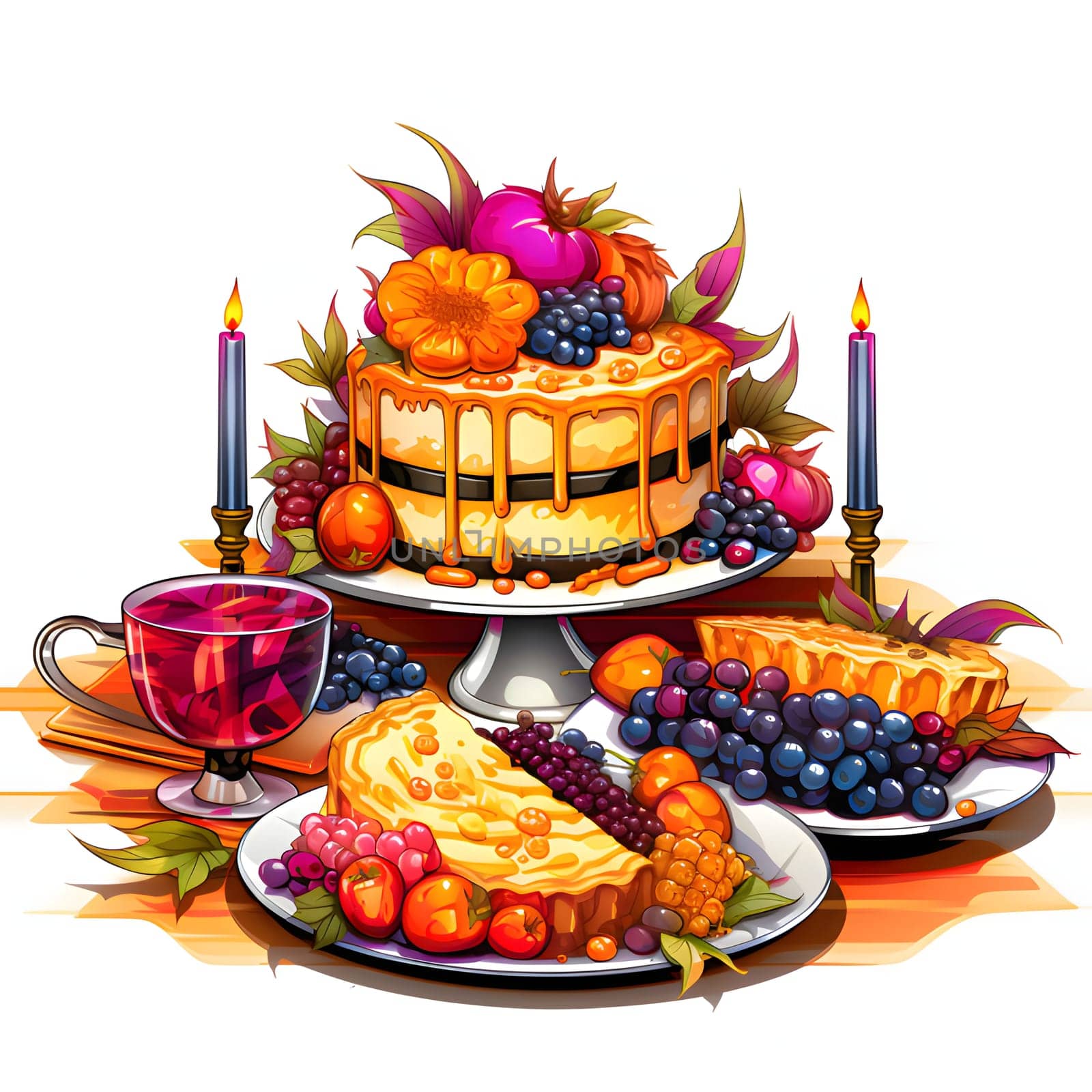 Illustration of colorful pumpkin pies grapes, vegetables, fruits, candles. Pumpkin as a dish of thanksgiving for the harvest, picture on a white isolated background. An atmosphere of joy and celebration.