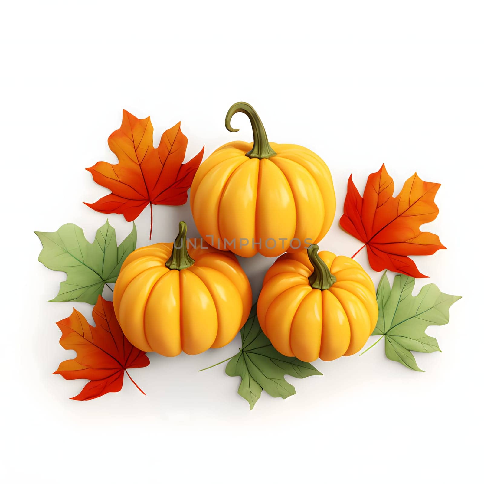 Three small orange pumpkins and autumn leaves. Pumpkin as a dish of thanksgiving for the harvest, picture on a white isolated background. An atmosphere of joy and celebration.