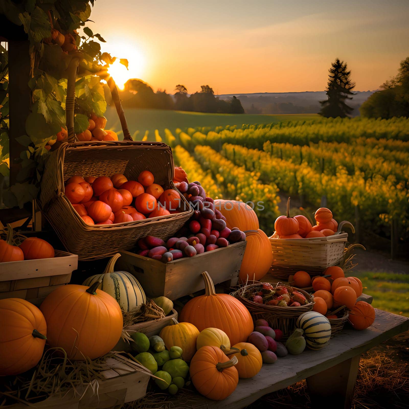 Harvested crops from the field on a wooden table in the background sunset over the field. Pumpkin as a dish of thanksgiving for the harvest, picture on a white isolated background. An atmosphere of joy and celebration.