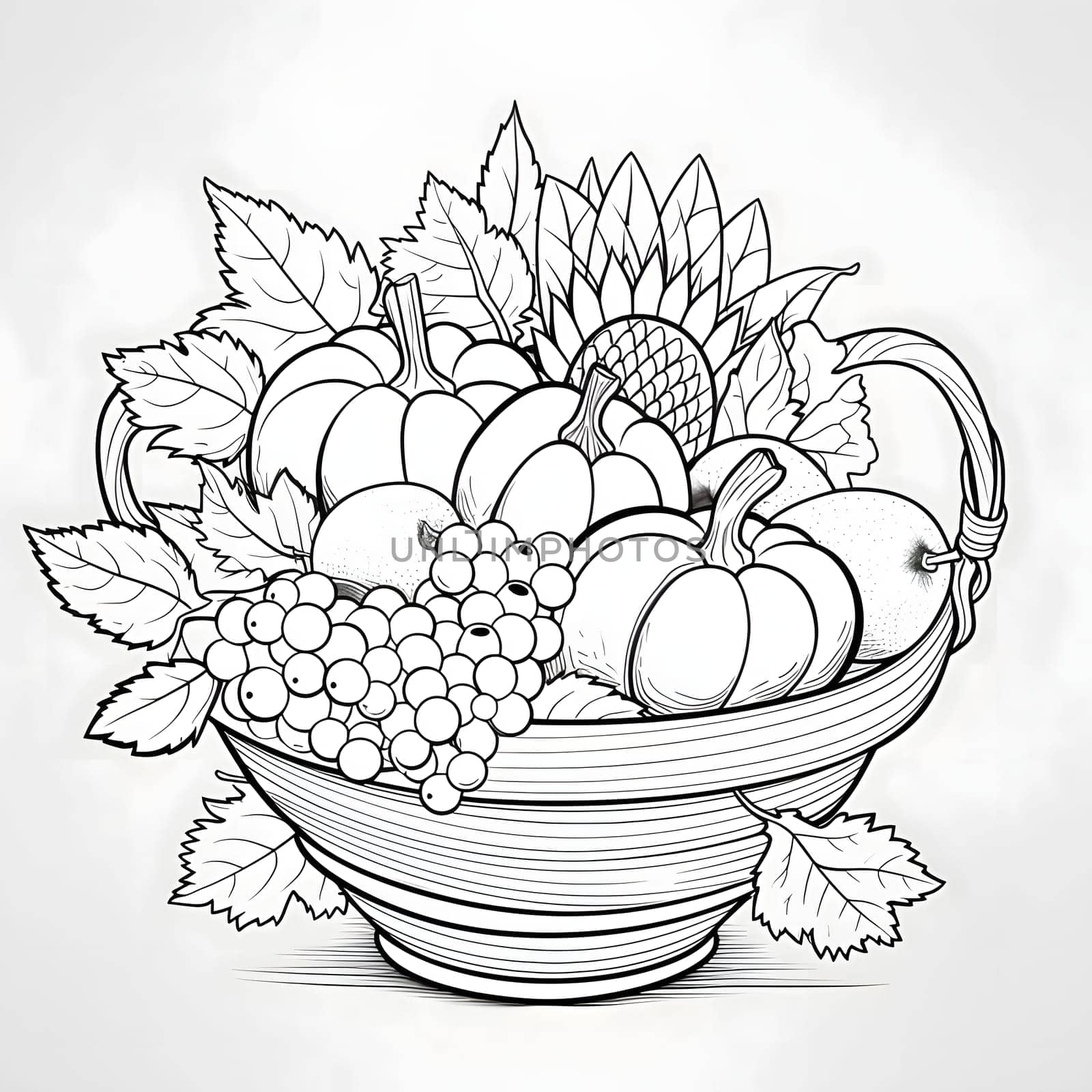 Black and White coloring book, basket full of vegetables and fruits pumpkins peppers, grape leaves. Pumpkin as a dish of thanksgiving for the harvest, picture on a white isolated background. An atmosphere of joy and celebration.