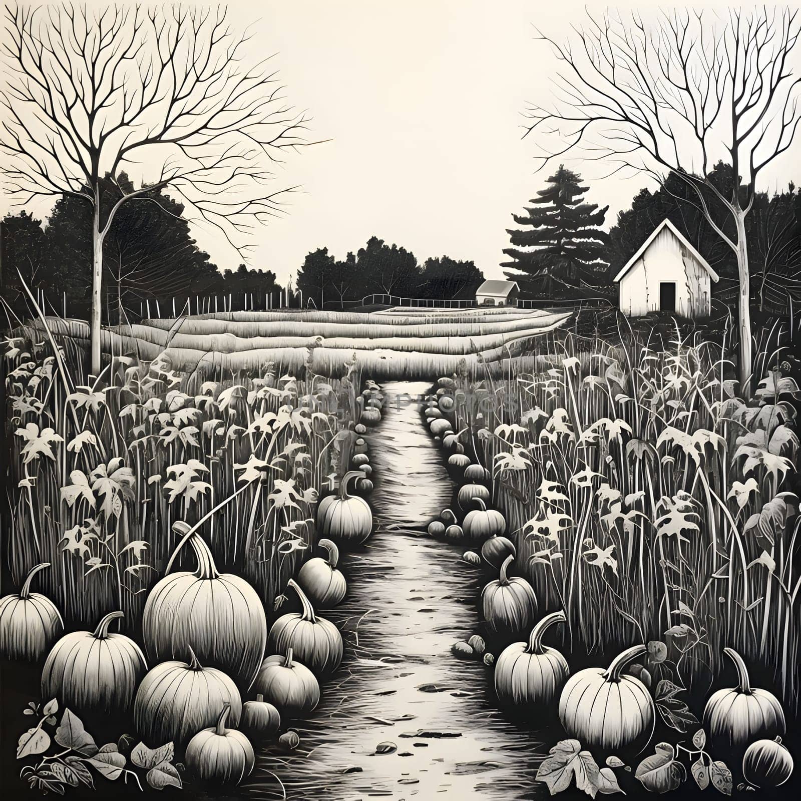 Black and white pumpkin field, shriveled trees and farm. Pumpkin as a dish of thanksgiving for the harvest. by ThemesS