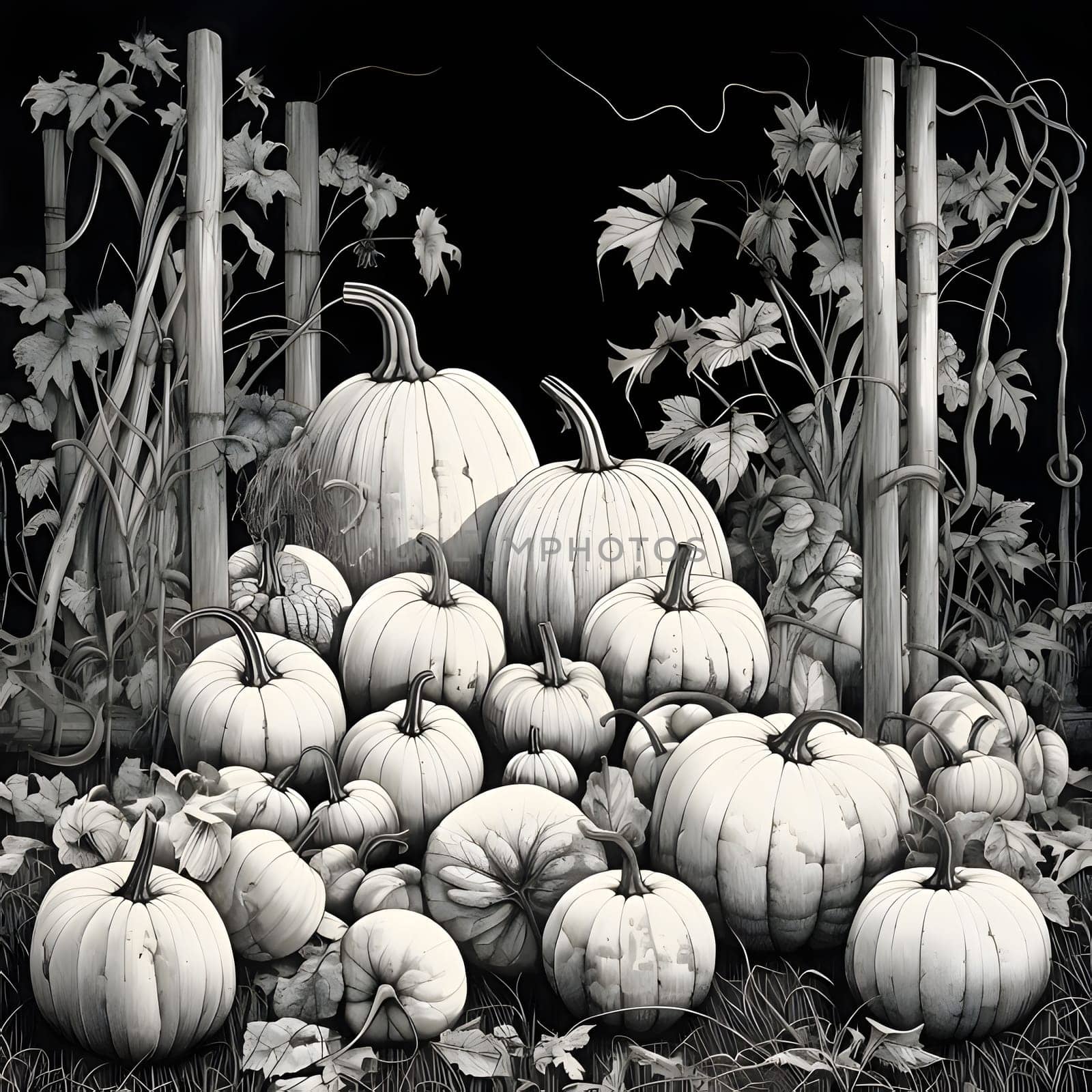Black and white pumpkins and leaves. Pumpkin as a dish of thanksgiving for the harvest. by ThemesS