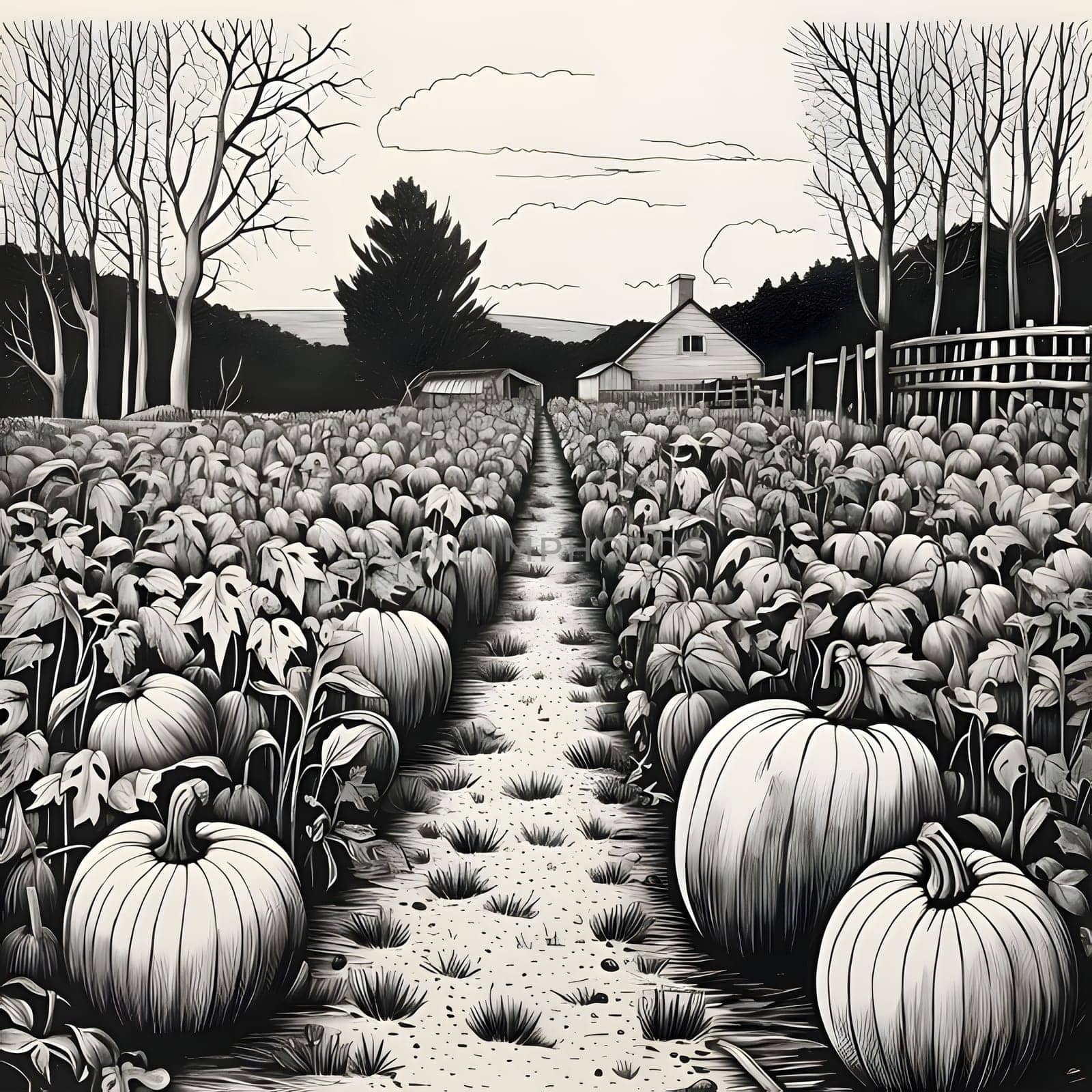 Black and white pumpkin field, shriveled trees and farm. Pumpkin as a dish of thanksgiving for the harvest. An atmosphere of joy and celebration.