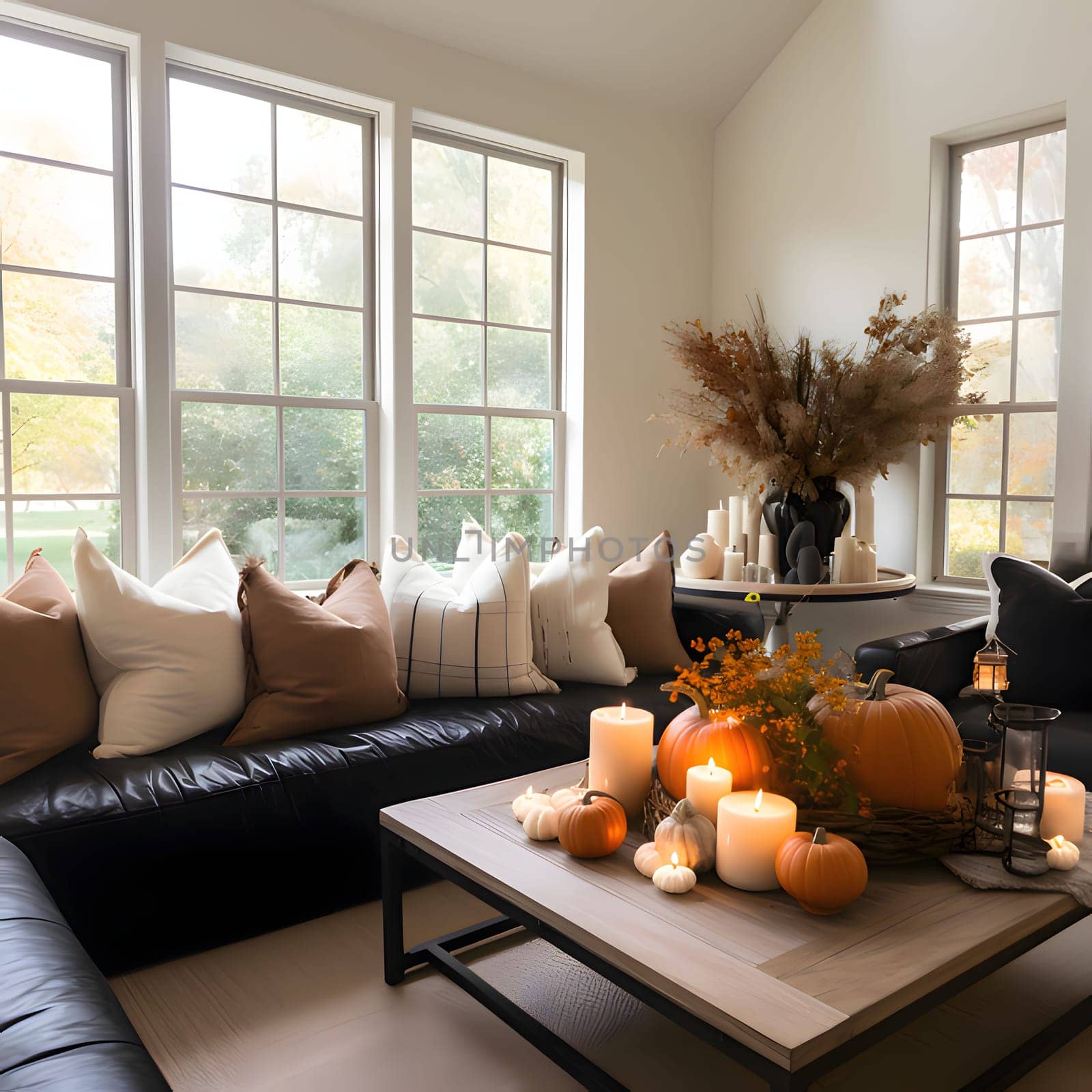 Elegant interior of the room, black couch, pillows, tiny, table with pumpkins and burning candles. Pumpkin as a dish of thanksgiving for the harvest. by ThemesS