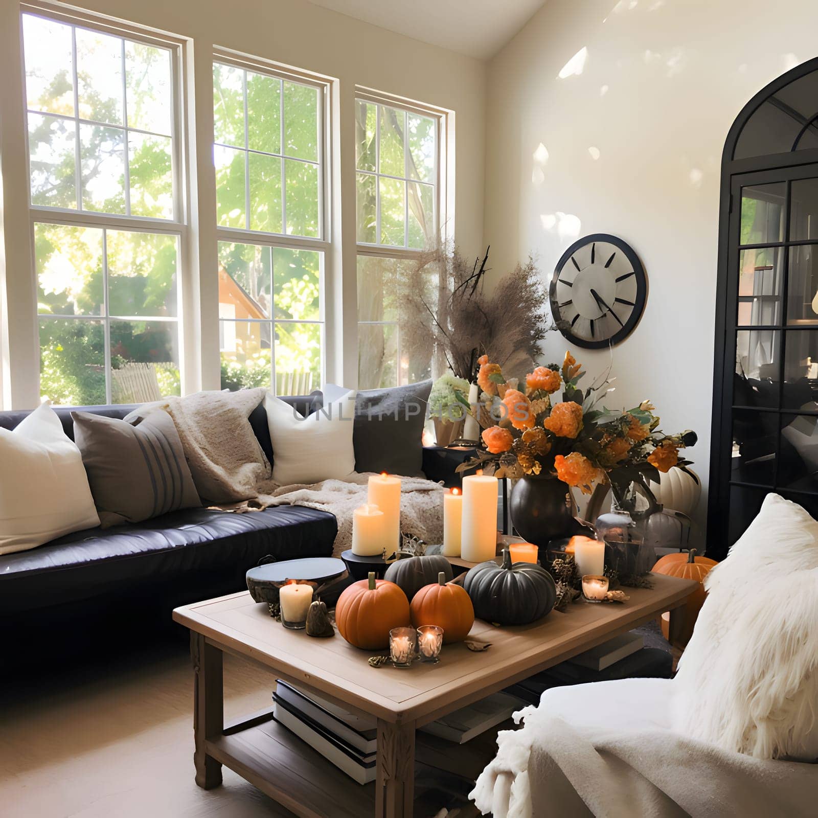 Elegant interior of the room, black couch, pillows, tiny, table with pumpkins and burning candles. Pumpkin as a dish of thanksgiving for the harvest. by ThemesS