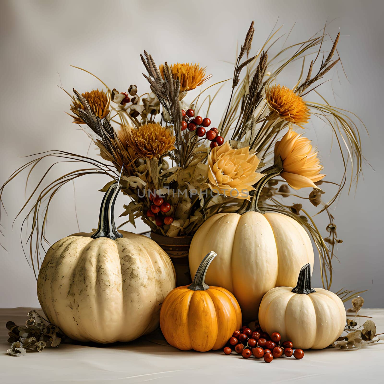 Elegantly arranged pumpkins, rowan trees and autumn flowers. Pumpkin as a dish of thanksgiving for the harvest. An atmosphere of joy and celebration.