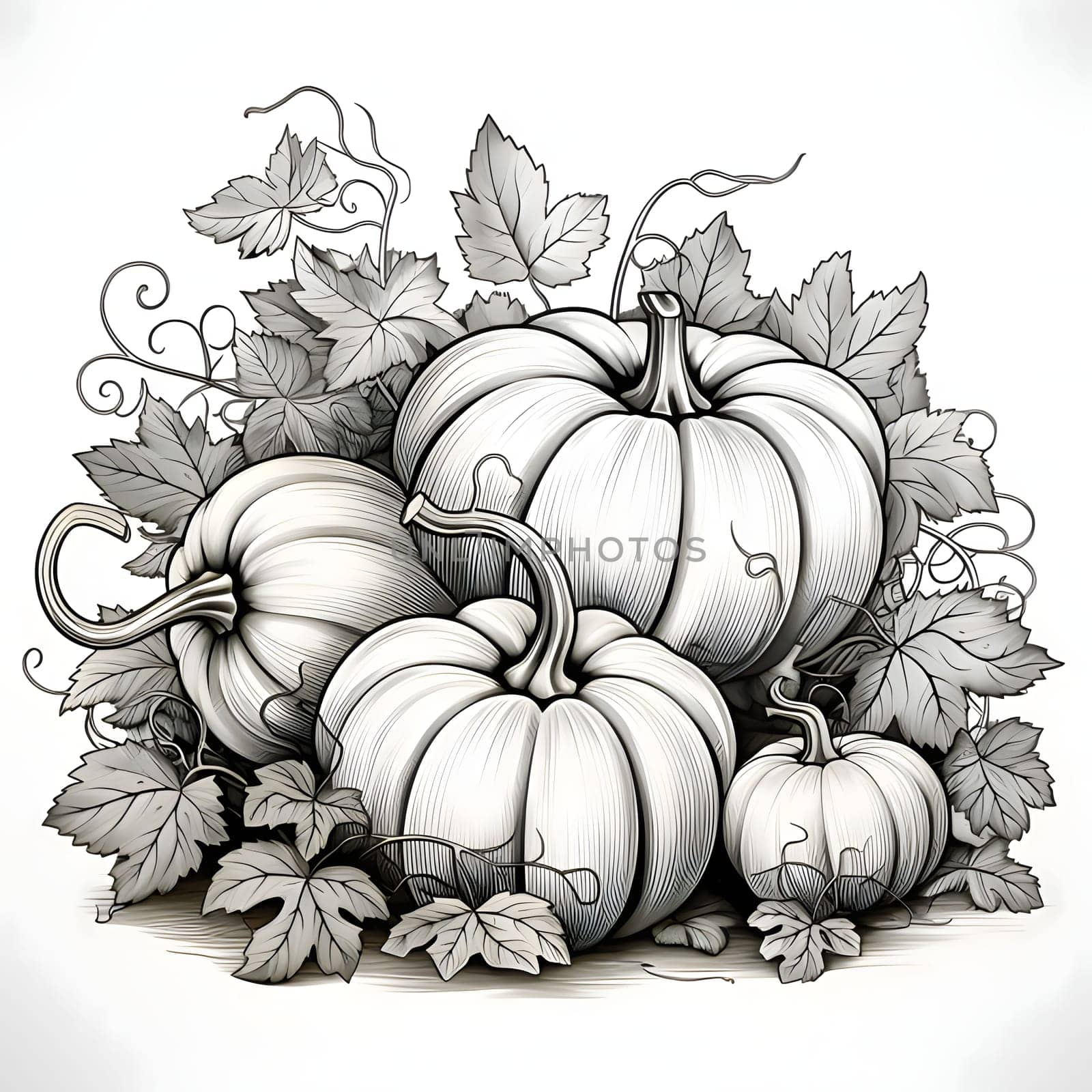Black and white pumpkins with leaves. Pumpkin as a dish of thanksgiving for the harvest. An atmosphere of joy and celebration.