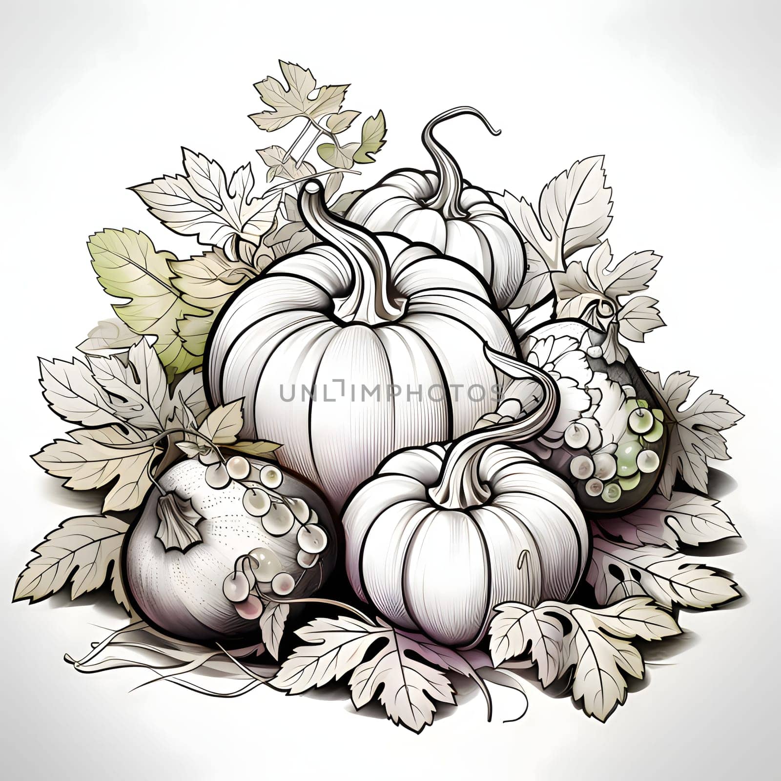 Black and white pumpkins with leaves. Pumpkin as a dish of thanksgiving for the harvest. by ThemesS