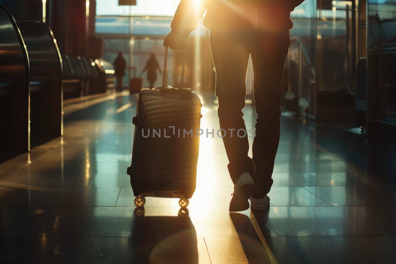 close up of people walking through an airport with luggage. by Chawagen