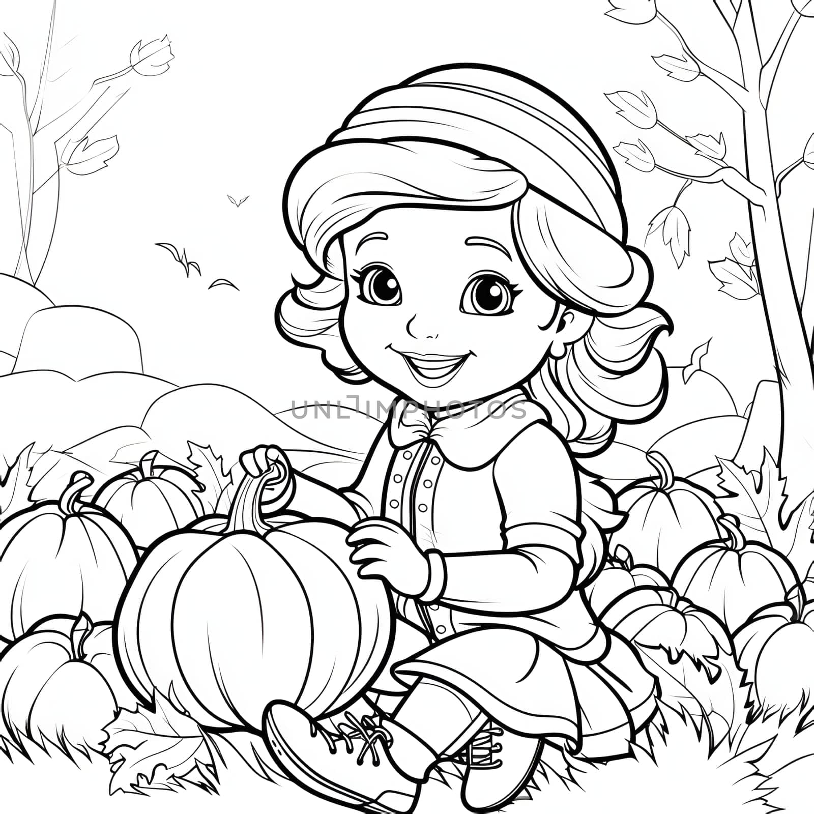 Black and white coloring card of a cheerful girl with a pumpkin. Pumpkin as a dish of thanksgiving for the harvest, picture on a white isolated background. An atmosphere of joy and celebration.