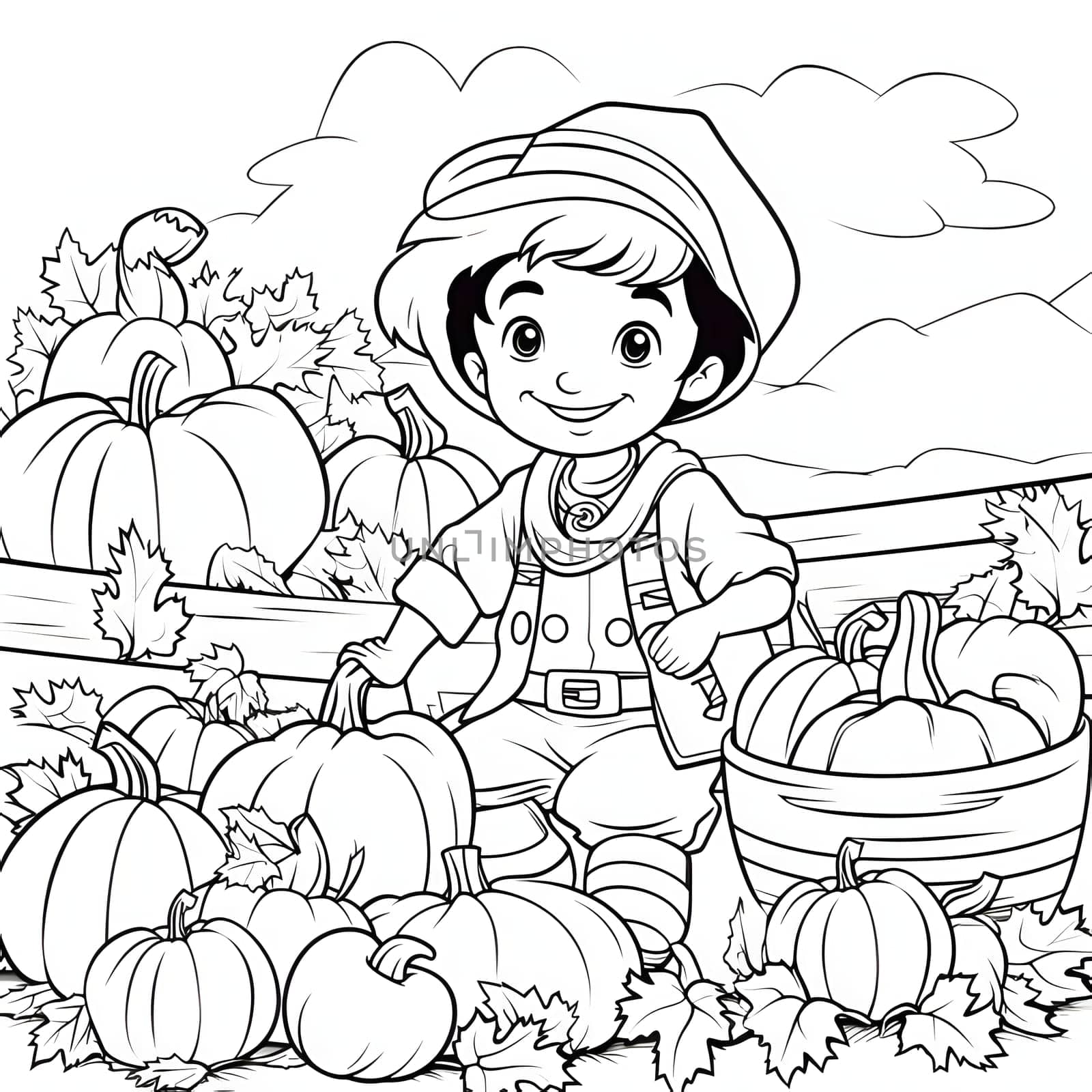 Black and white coloring sheet happy smiling boy with pumpkins. Pumpkin as a dish of thanksgiving for the harvest, picture on a white isolated background. An atmosphere of joy and celebration.