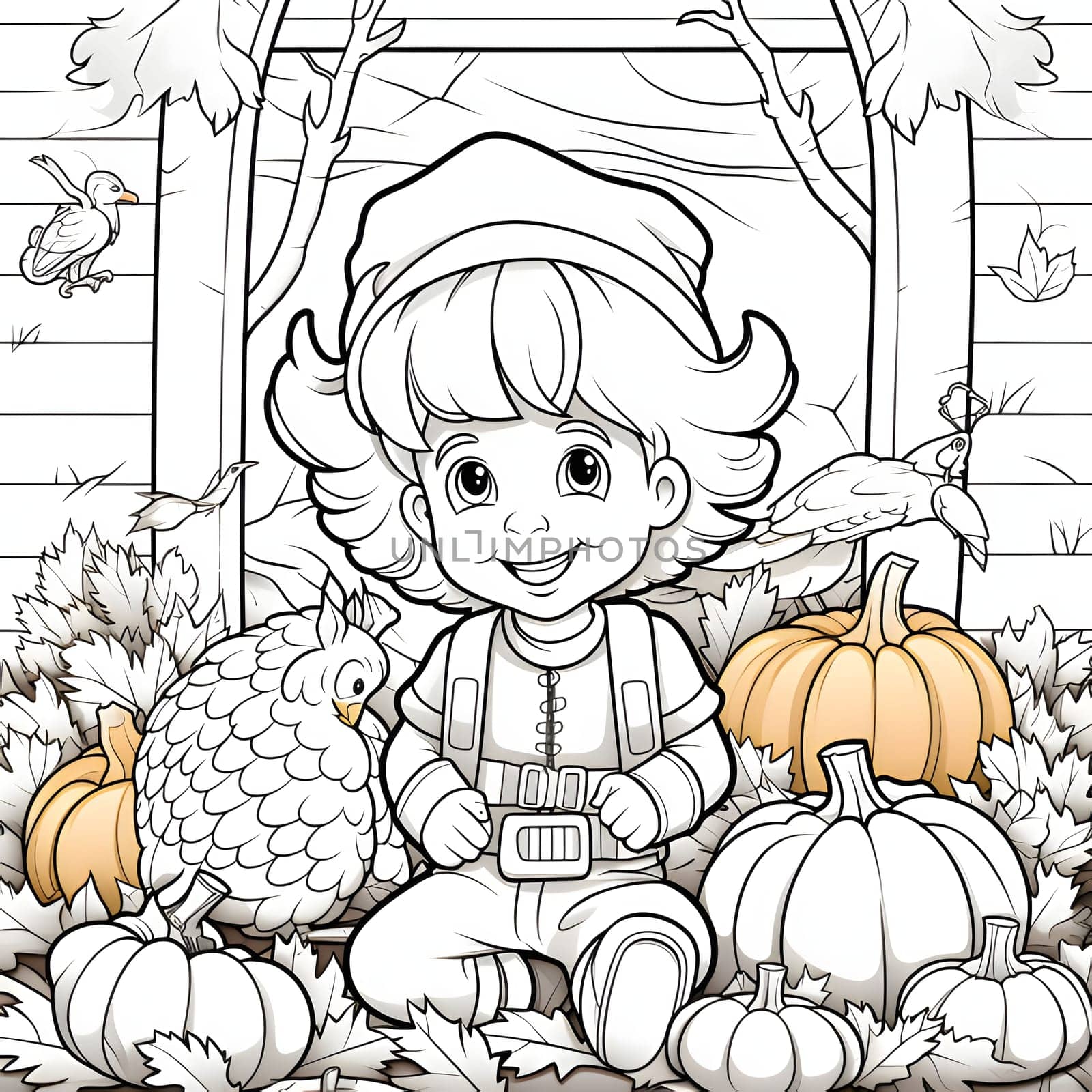 Black and White coloring sheet smiling boy with pumpkins and turkey. Pumpkin as a dish of thanksgiving for the harvest, picture on a white isolated background. An atmosphere of joy and celebration.