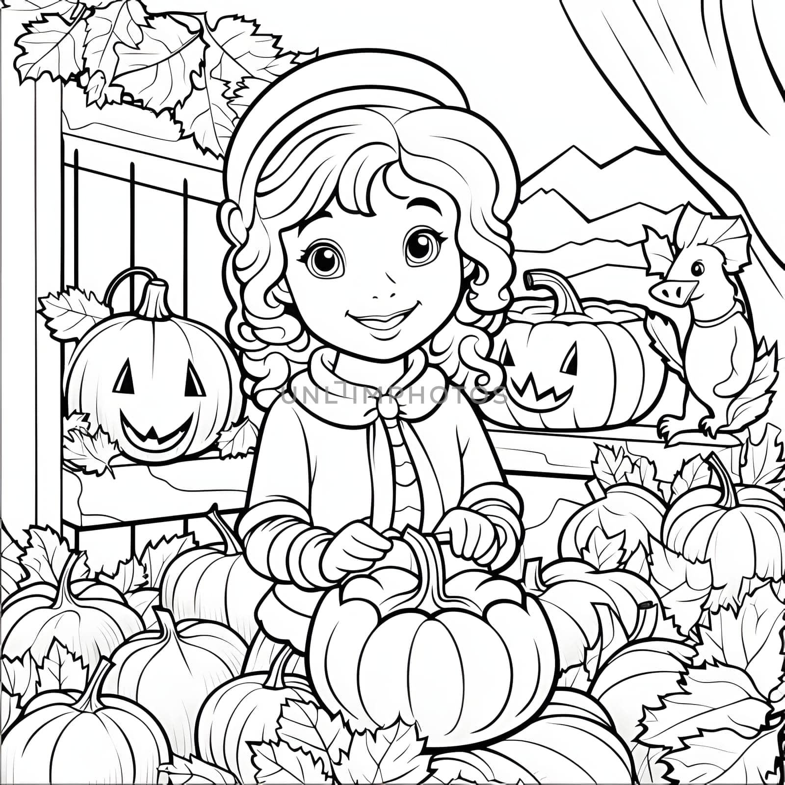 Black and white coloring card of a cheerful girl with a pumpkin. Pumpkin as a dish of thanksgiving for the harvest, picture on a white isolated background. by ThemesS