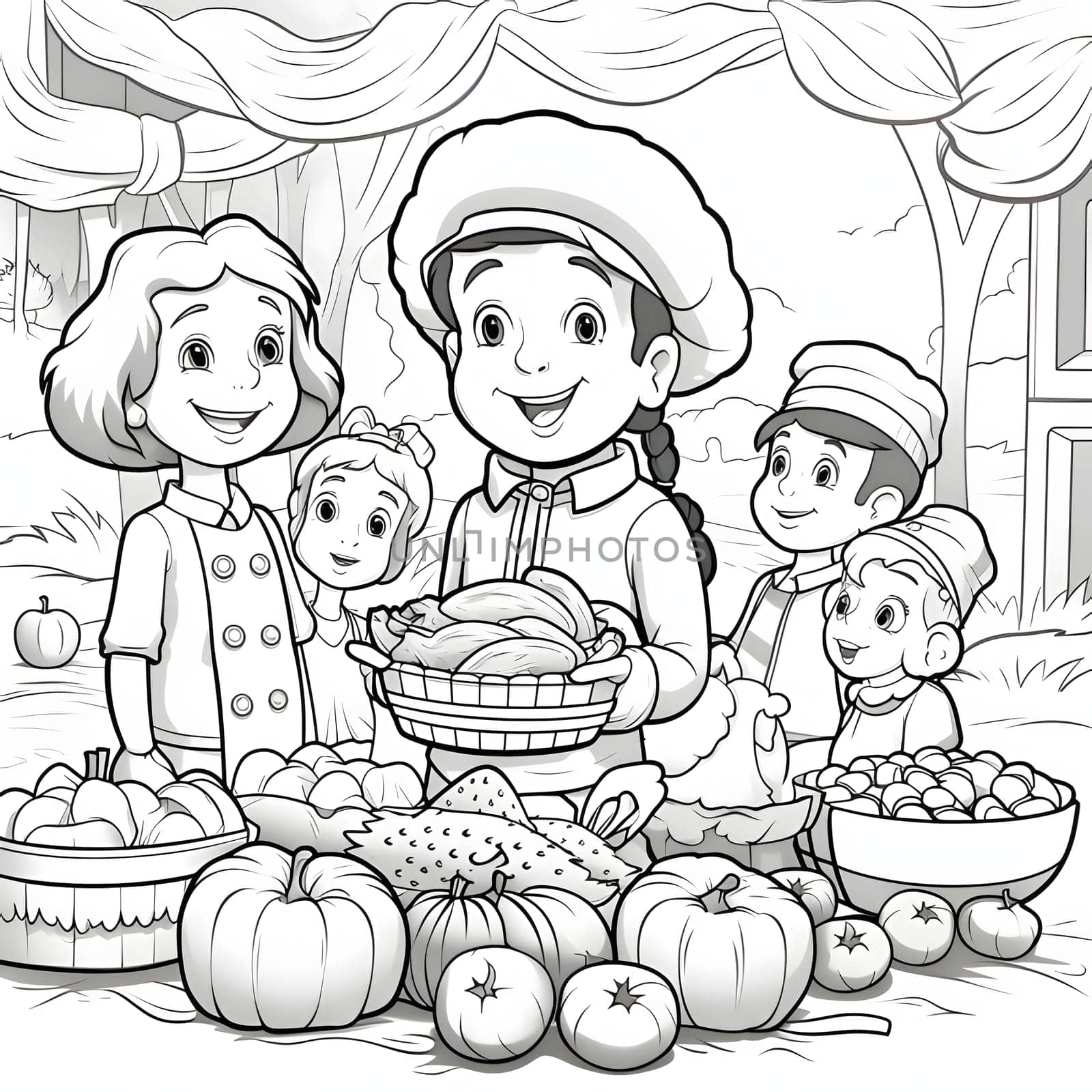 Black and White coloring card, smiling family with preparation for Thanksgiving. Pumpkin as a dish of thanksgiving for the harvest, picture on a white isolated background. by ThemesS