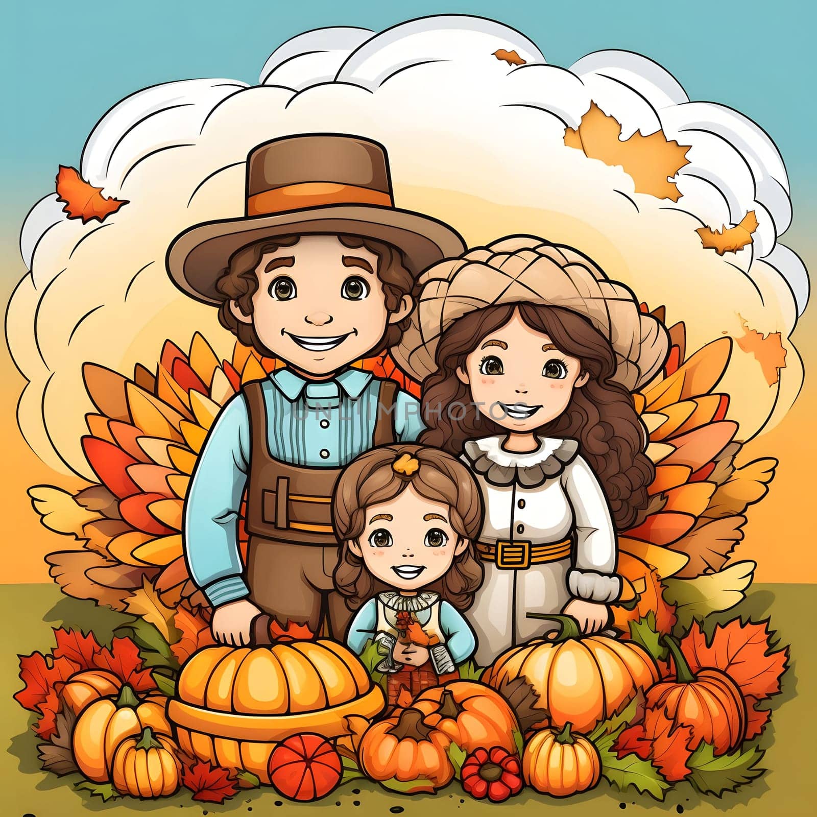 Illustrated happy family around pumpkins. Pumpkin as a dish of thanksgiving for the harvest. An atmosphere of joy and celebration.