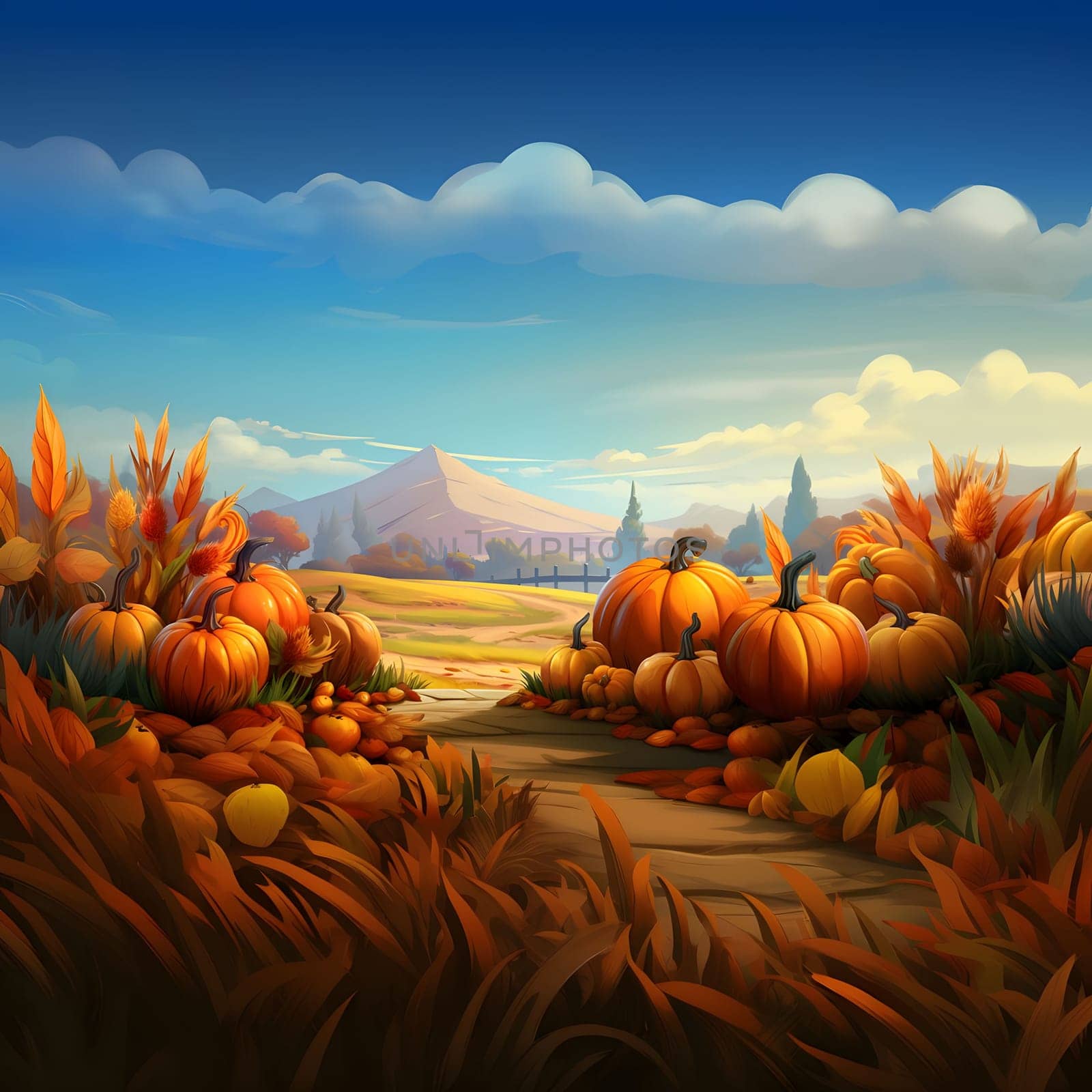 Illustration of grass, field, pumpkins and mountains in the background. Pumpkin as a dish of thanksgiving for the harvest. An atmosphere of joy and celebration.