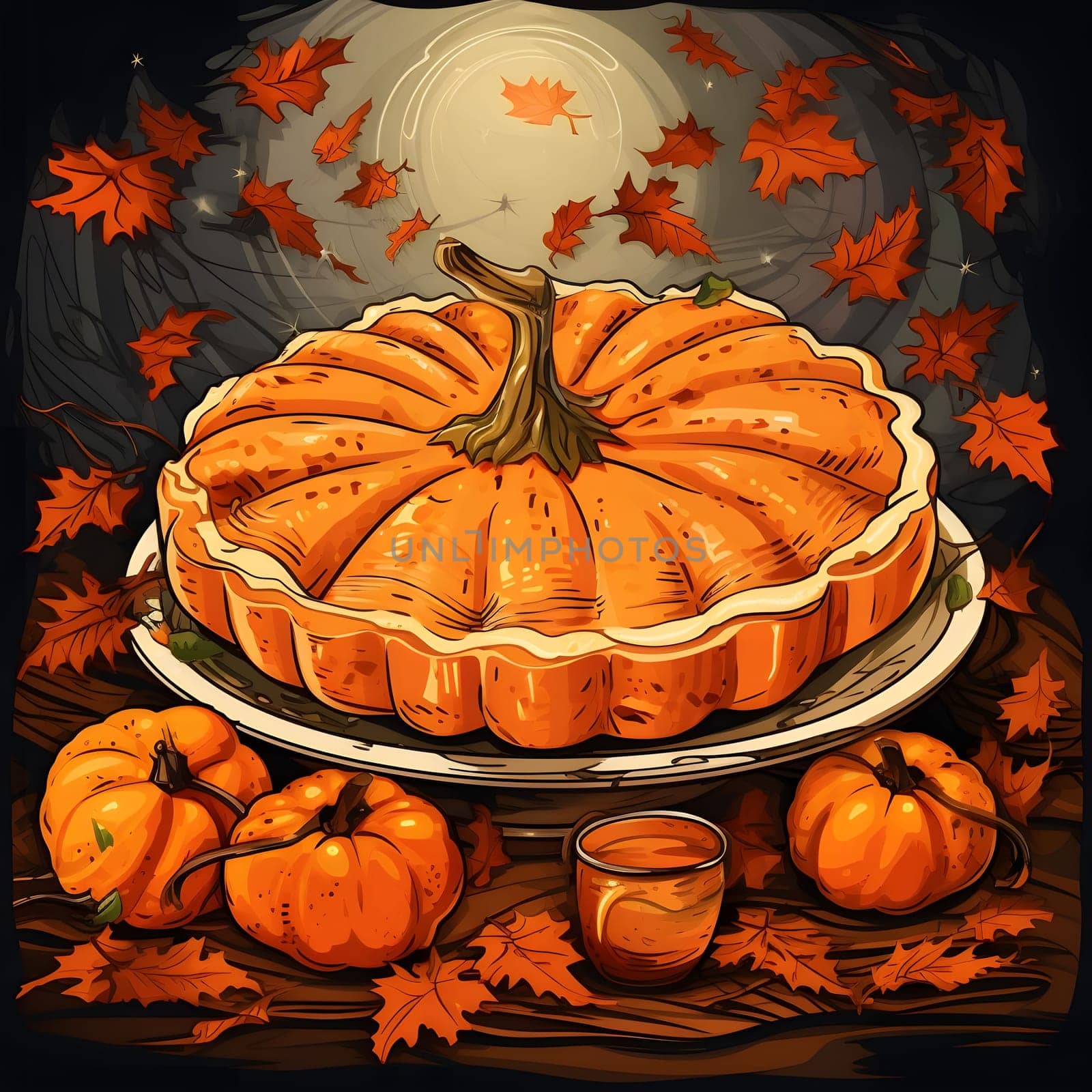 Illustration of pumpkin pie and falling leaves. Pumpkin as a dish of thanksgiving for the harvest. An atmosphere of joy and celebration.