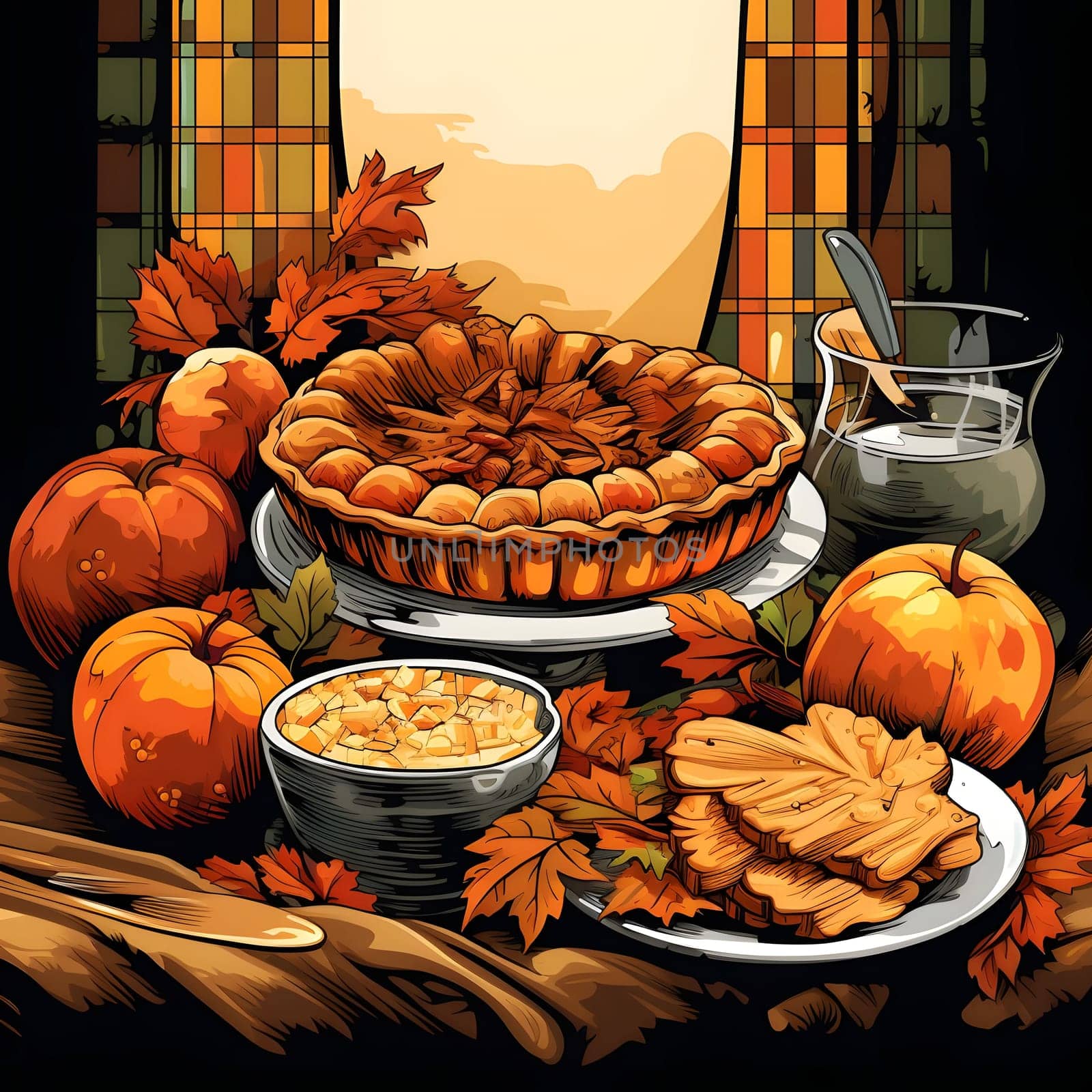 Illustration of pumpkin pie, pumpkins and leaves. Pumpkin as a dish of thanksgiving for the harvest. by ThemesS