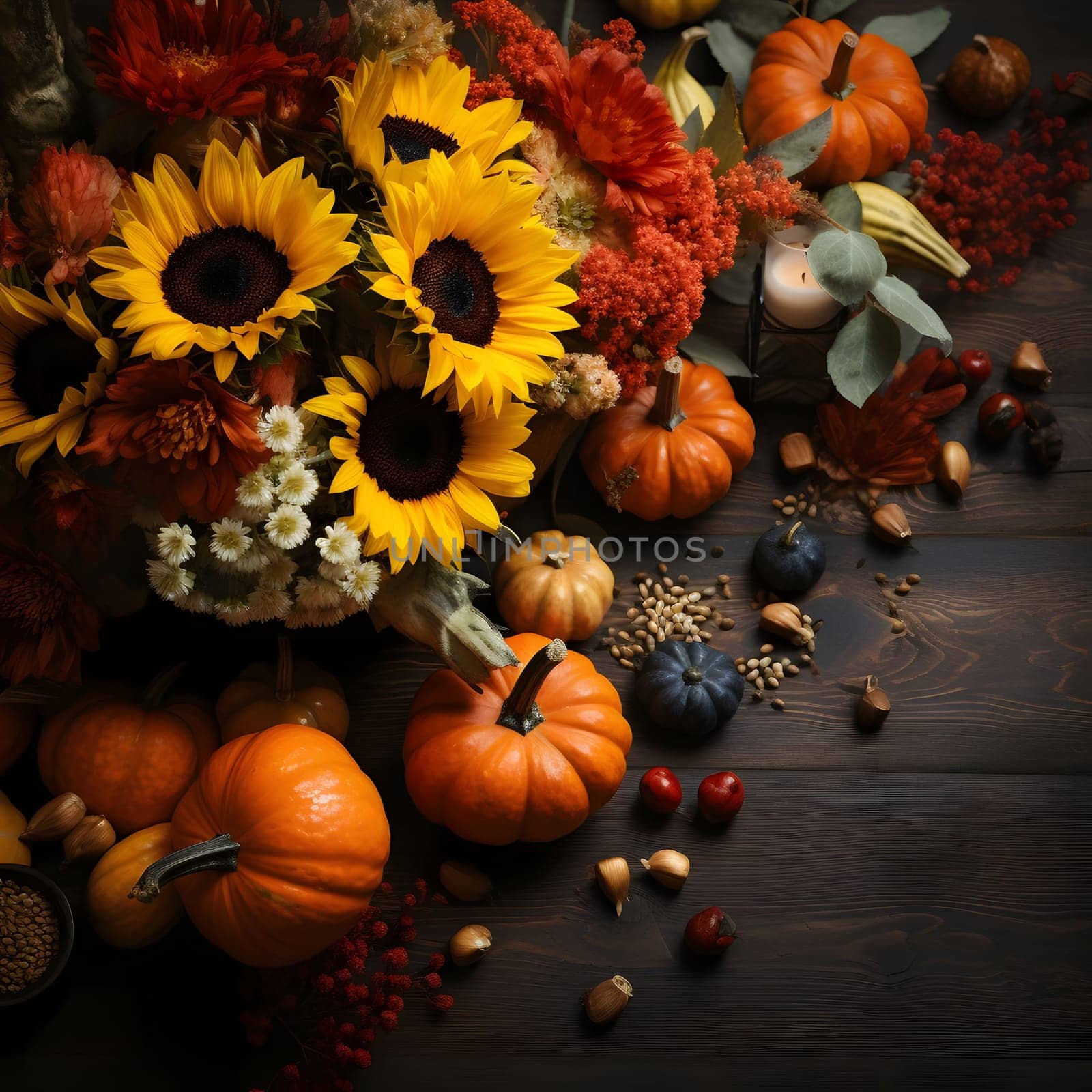 Aerial view of colorful flowers, pumpkins, harvest from the field on wooden boards. Pumpkin as a dish of thanksgiving for the harvest. An atmosphere of joy and celebration.