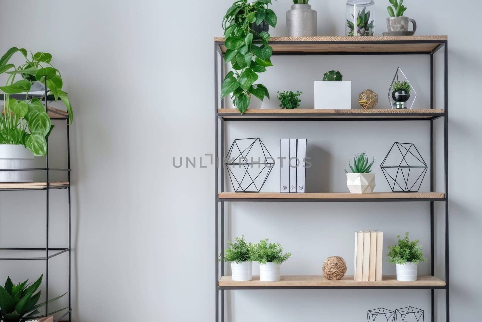 Minimalist workspace with a geometric bookshelf and potted plants. by Chawagen