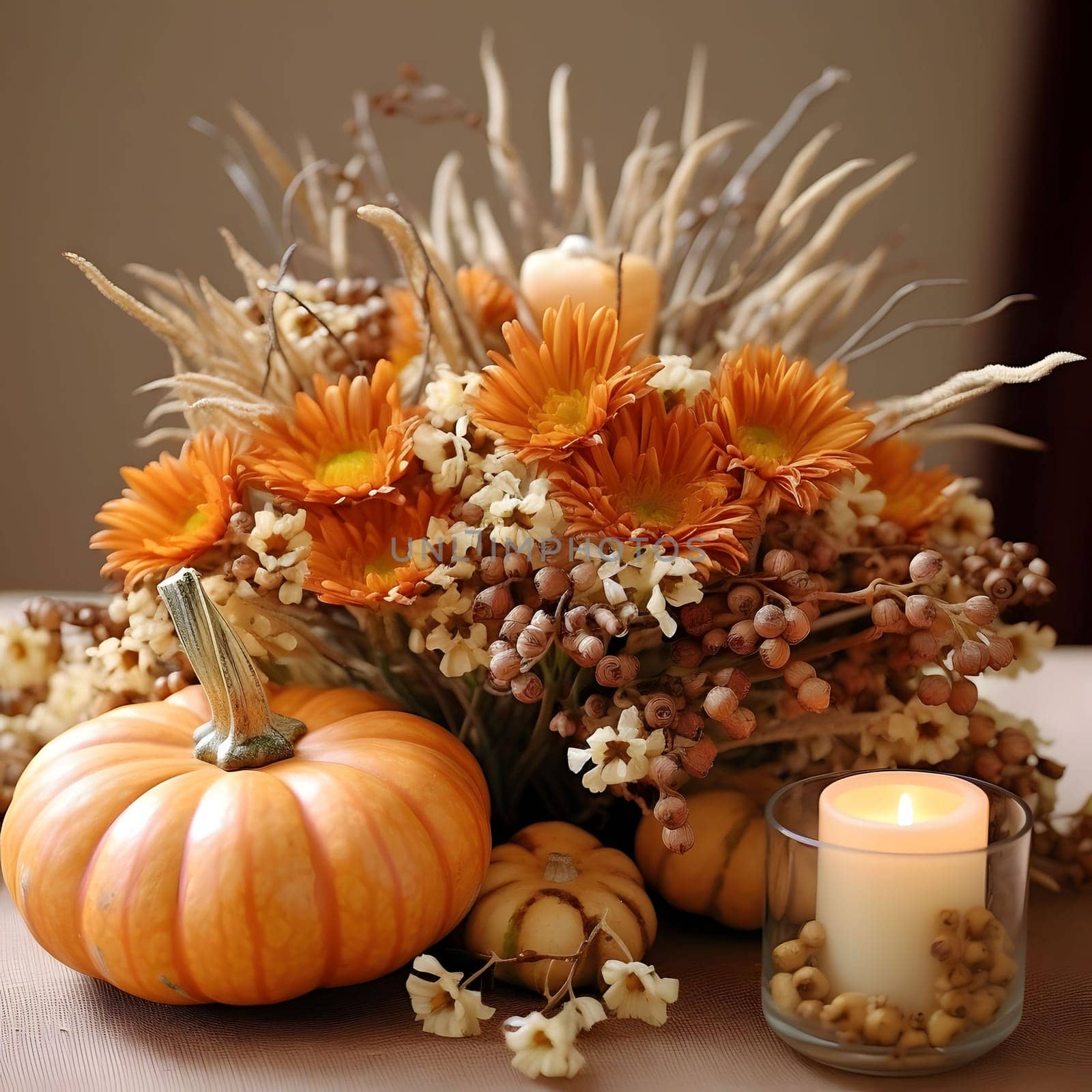 Elegantly arranged white candle pumpkins and autumn flowers. Pumpkin as a dish of thanksgiving for the harvest. An atmosphere of joy and celebration.