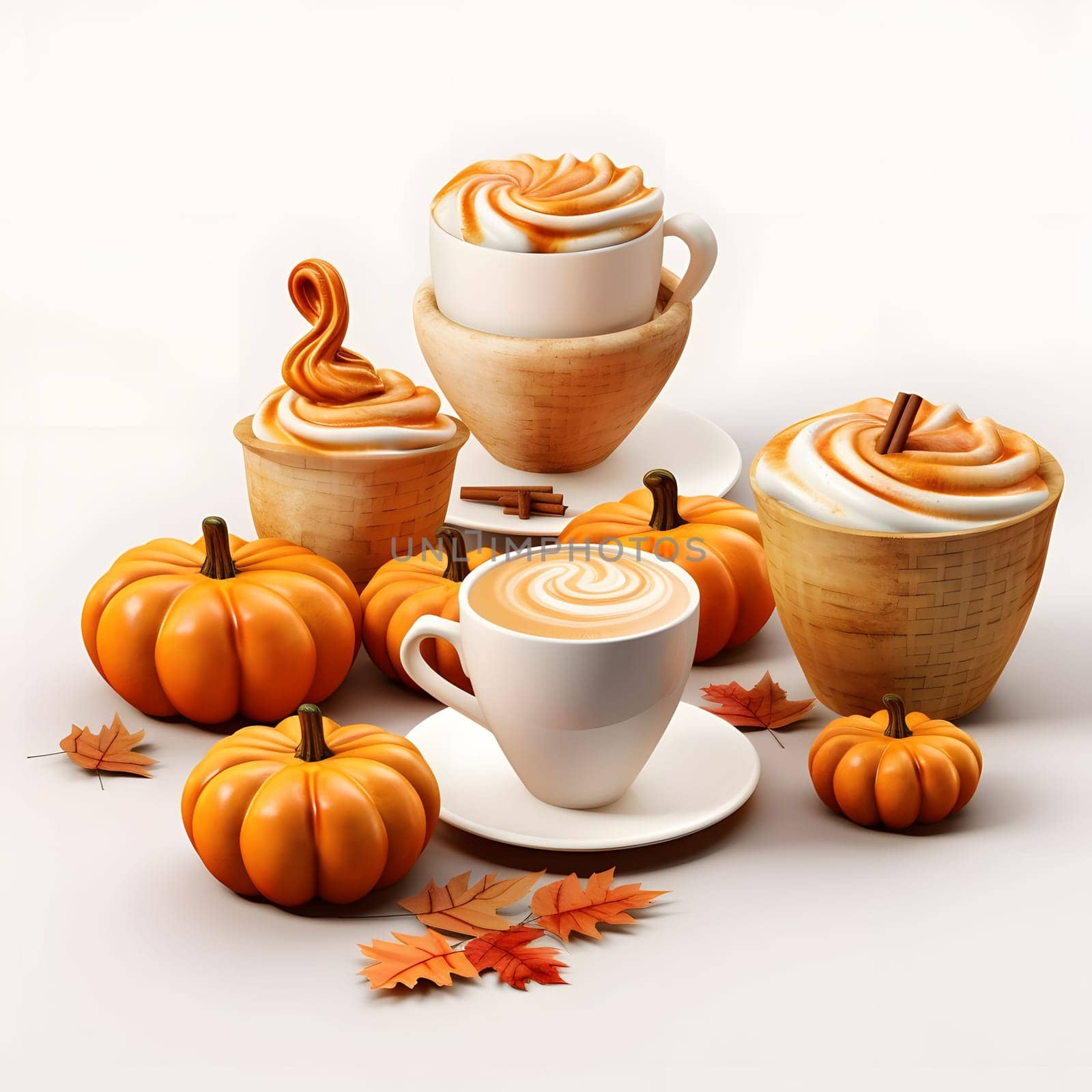 Small pumpkins and coffees in glasses. Pumpkin as a dish of thanksgiving for the harvest, picture on a white isolated background. An atmosphere of joy and celebration.
