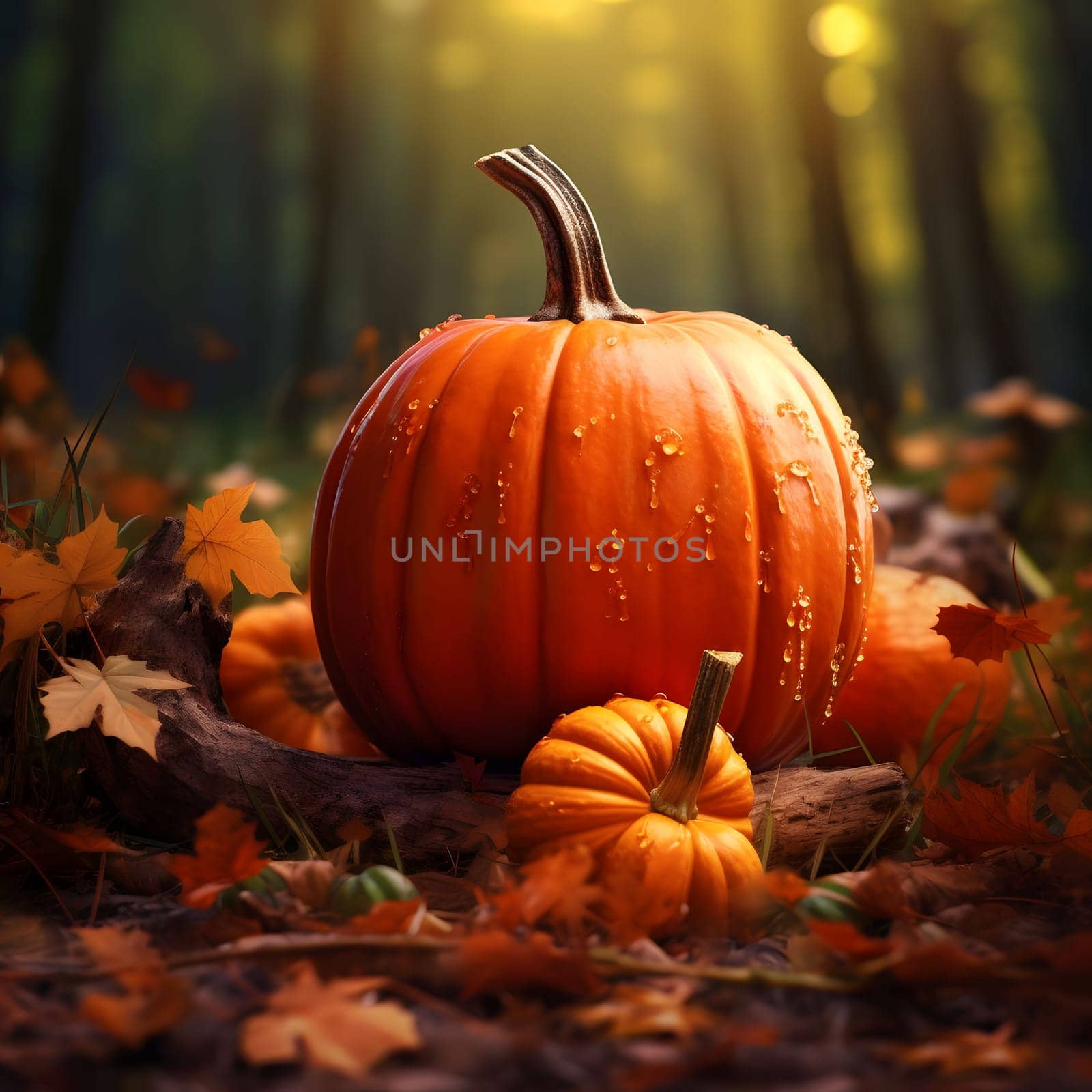 Pumpkins in the forest during autumn. Pumpkin as a dish of thanksgiving for the harvest, picture on a white isolated background. An atmosphere of joy and celebration.
