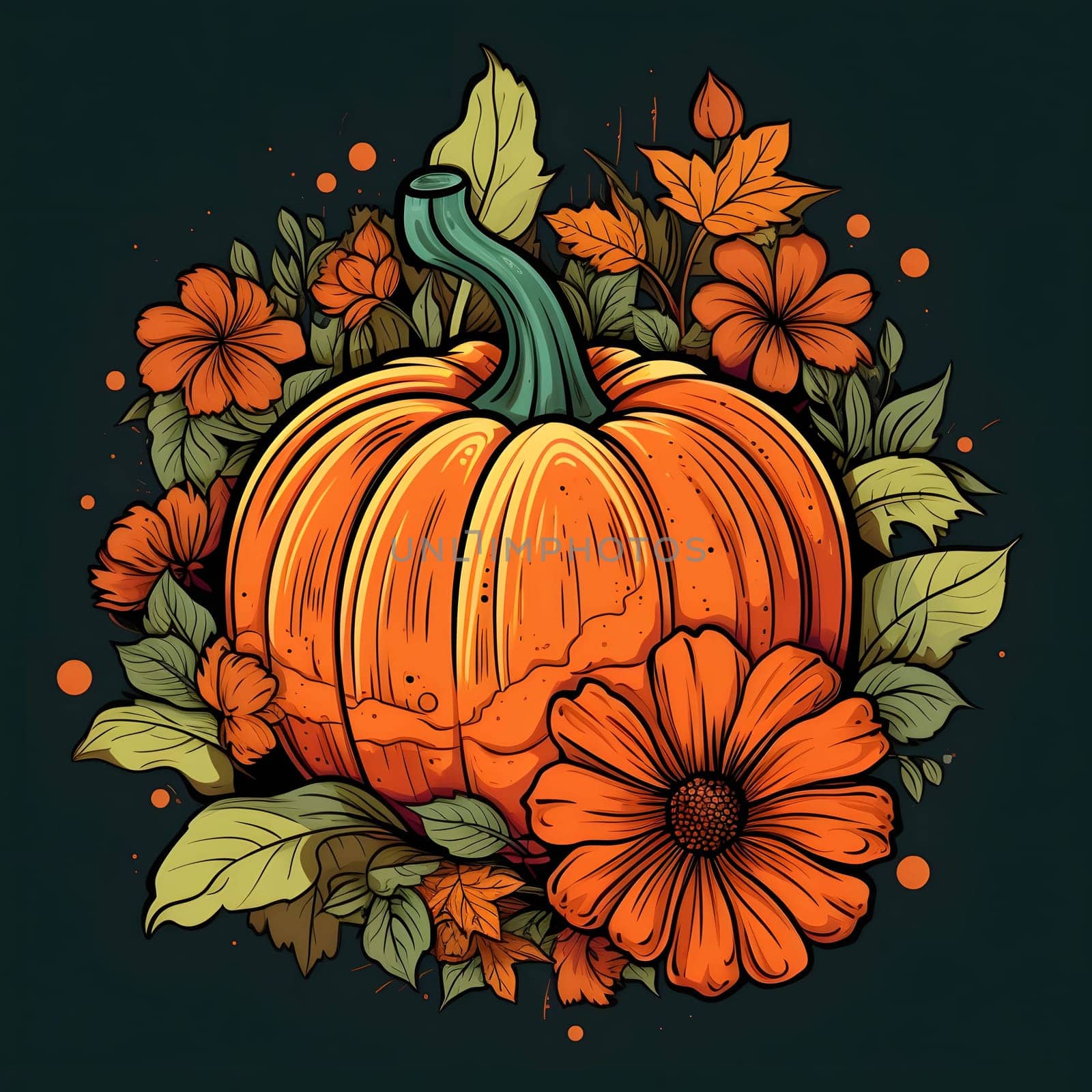 Pumpkin with flowers and leaves on a dark background. Pumpkin as a dish of thanksgiving for the harvest. by ThemesS
