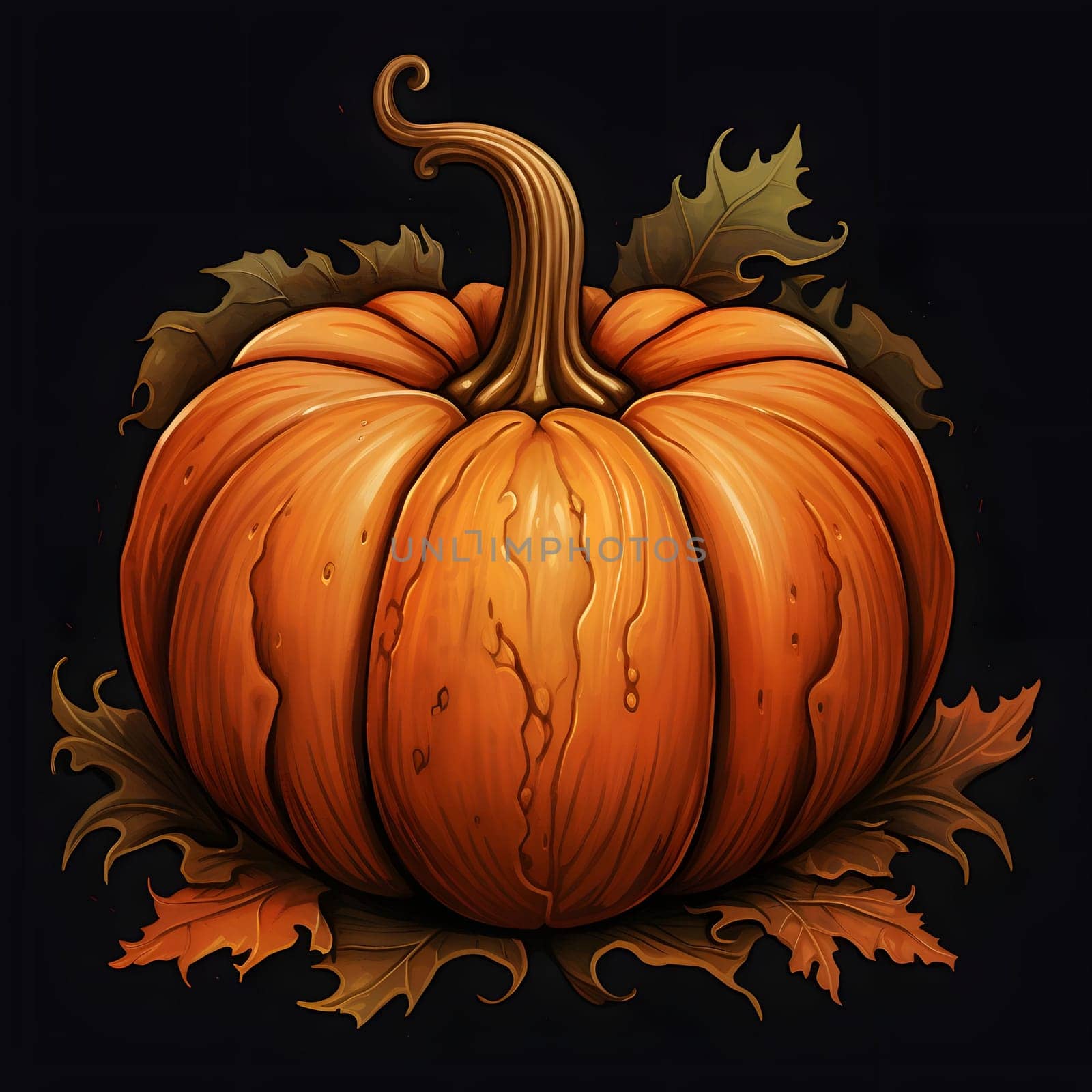 Elegant illustrated pumpkin on black background. Pumpkin as a dish of thanksgiving for the harvest. An atmosphere of joy and celebration.
