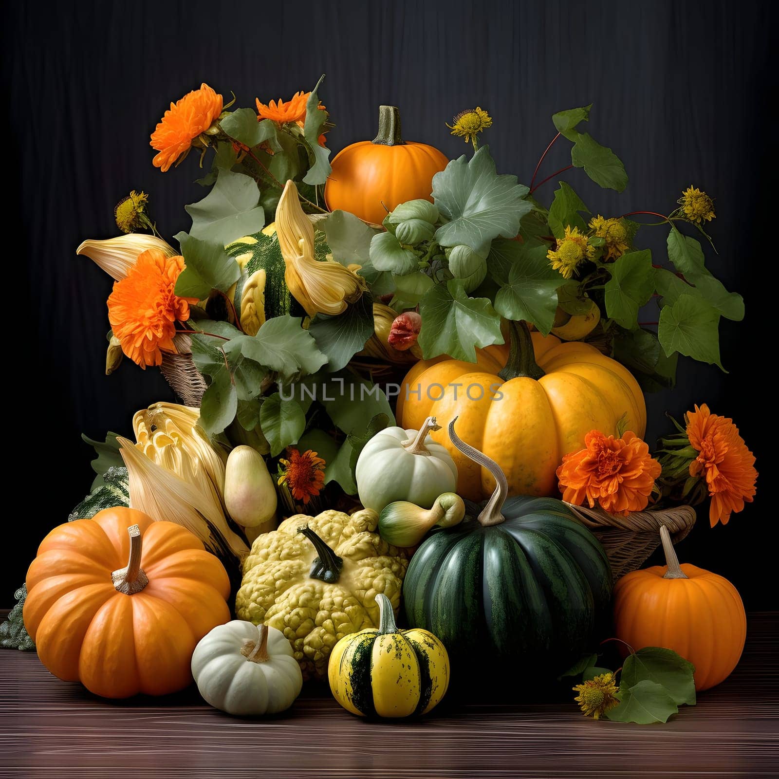 Elegantly arranged pumpkins and other vegetables on a dark background. Pumpkin as a dish of thanksgiving for the harvest. by ThemesS
