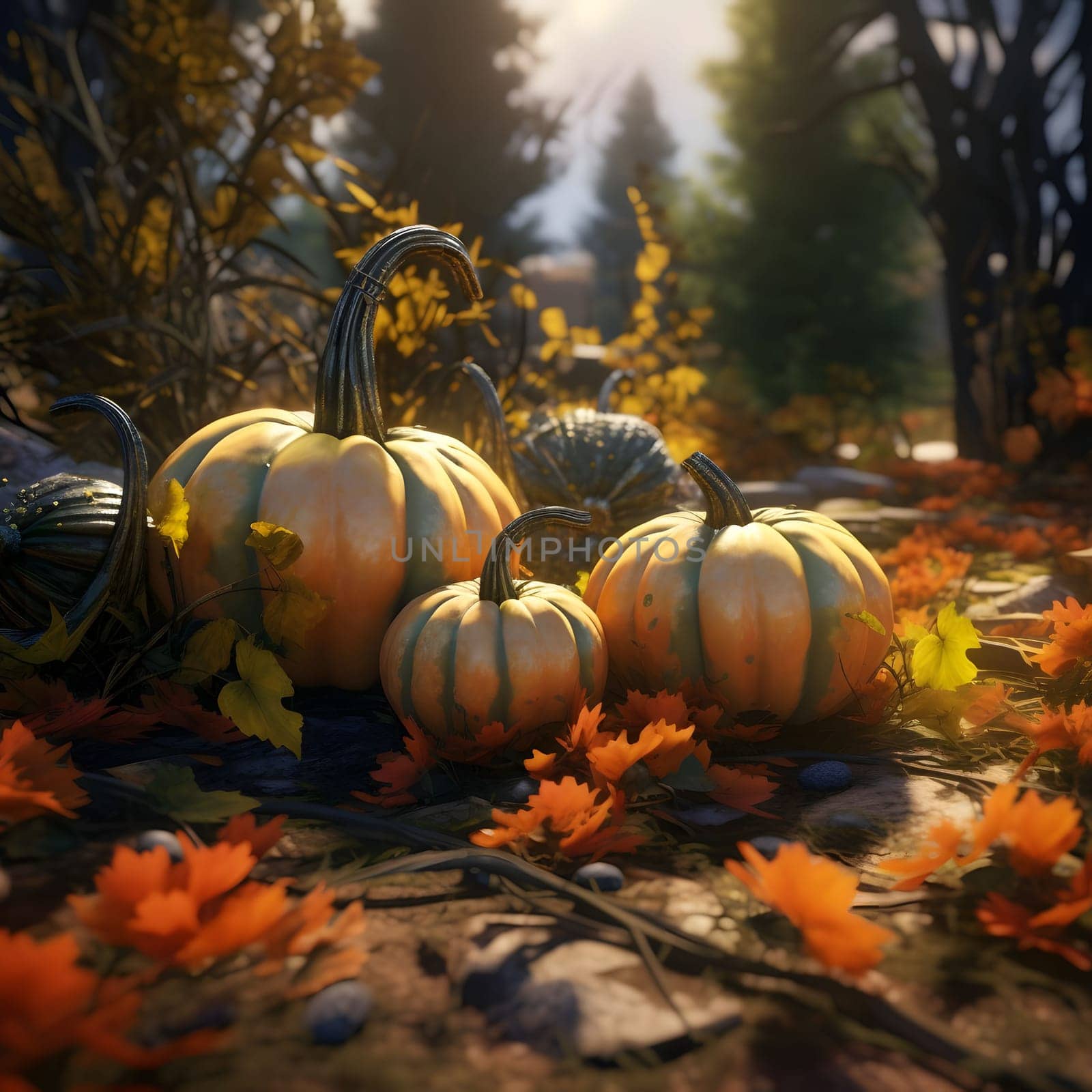 Three pumpkins in the park around autumn leaves autumn climate. Pumpkin as a dish of thanksgiving for the harvest. by ThemesS
