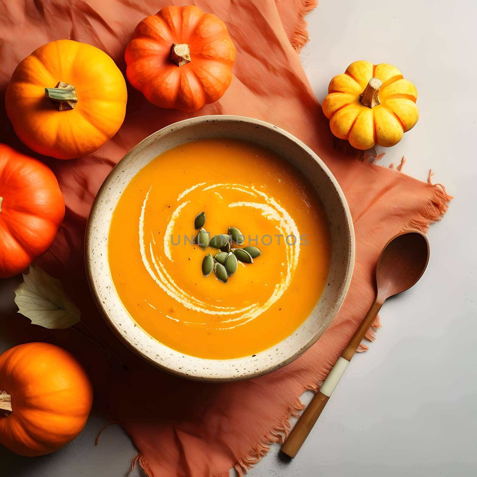 Top view of a bowl of pumpkin soup and seeds all around elegant fabric and small pumpkins. Pumpkin as a dish of thanksgiving for the harvest. An atmosphere of joy and celebration.