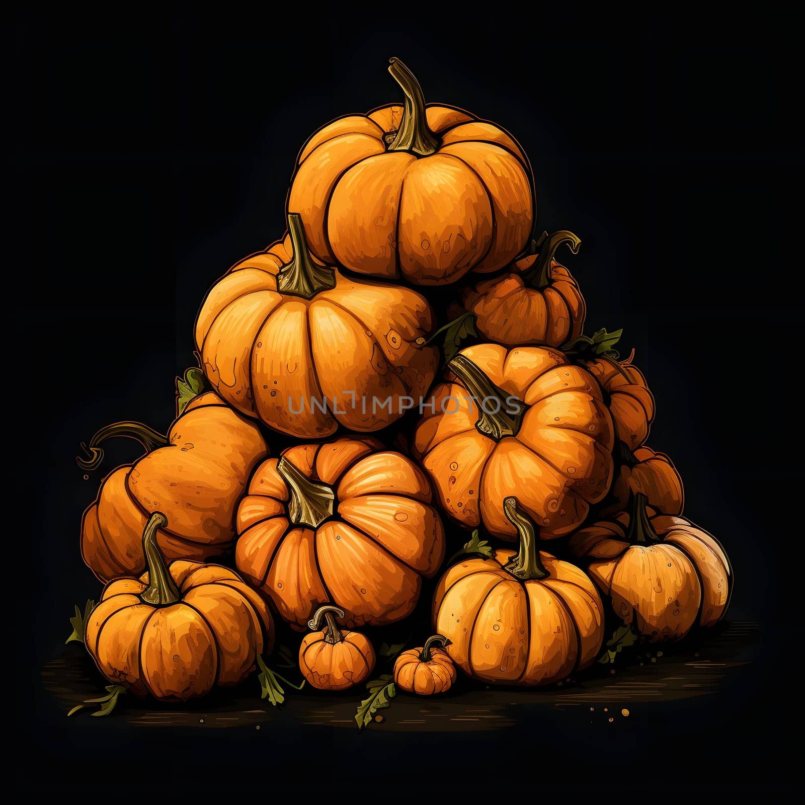 Pumpkin pile on black background. Pumpkin as a dish of thanksgiving for the harvest. An atmosphere of joy and celebration.