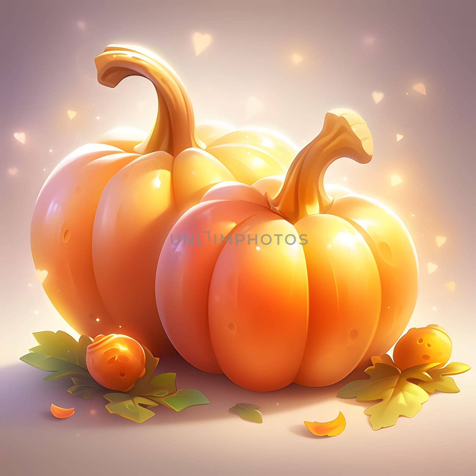 Two fairy pumpkins on a bright background all around falling hearts of light. Pumpkin as a dish of thanksgiving for the harvest. An atmosphere of joy and celebration.