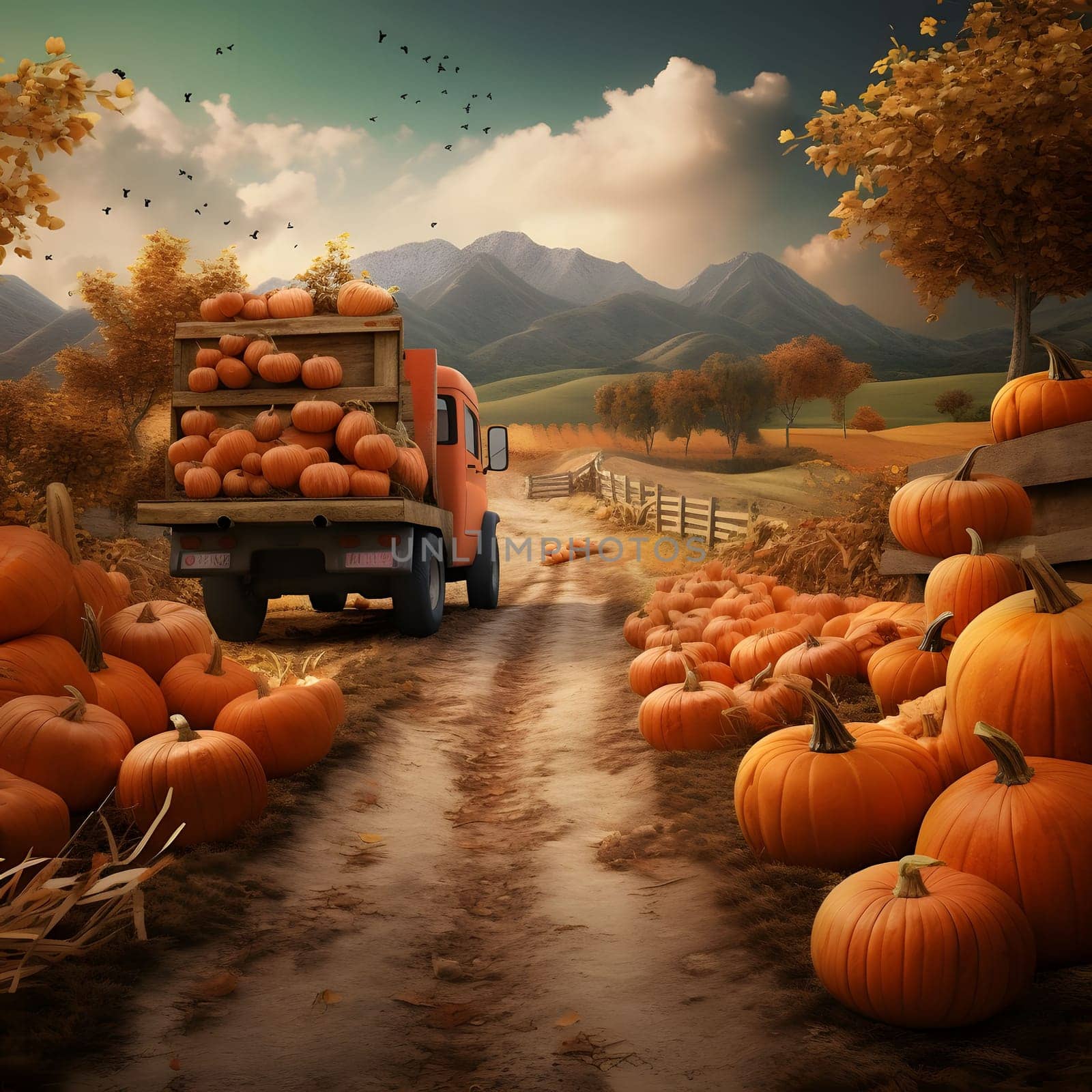 Delivery truck loaded with pumpkins all around pumpkins waiting for transport, field, mountains in the background. Pumpkin as a dish of thanksgiving for the harvest. by ThemesS