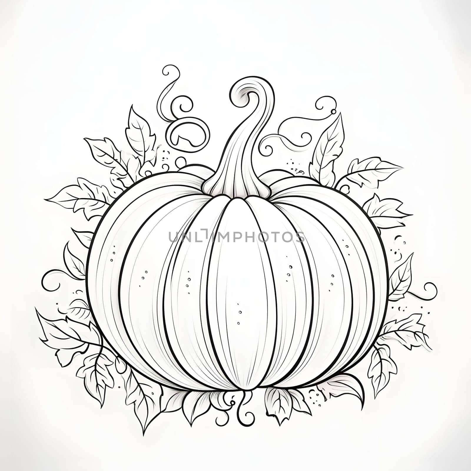 Pumpkin with tiny leaves. Pumpkin as a dish of thanksgiving for the harvest, picture on a white isolated background. Atmosphere of joy and celebration.