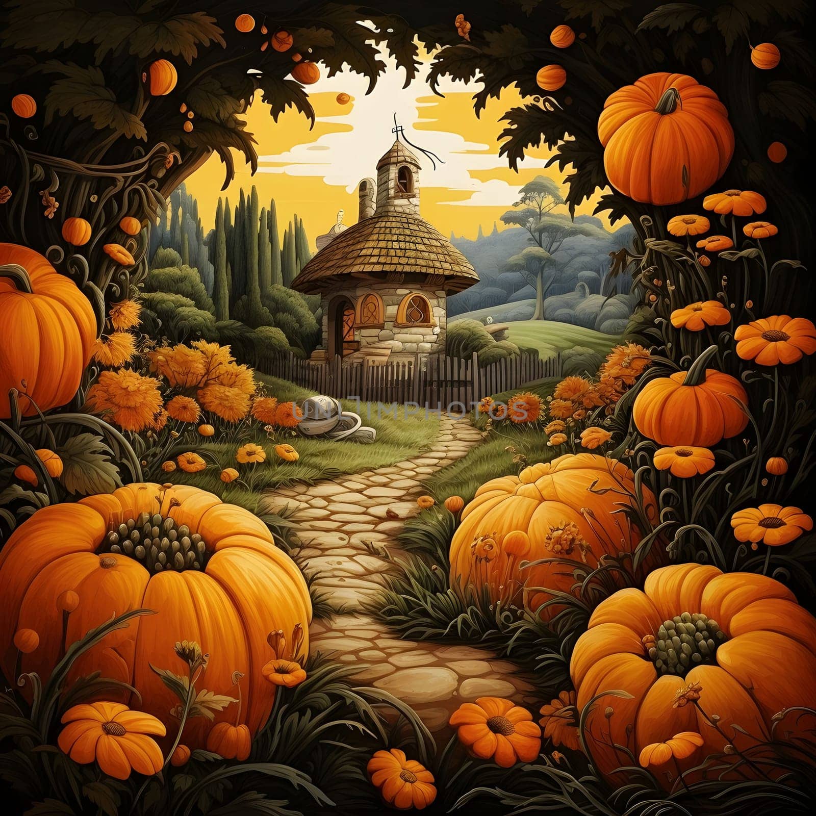 Illustration of stone tiny house around pumpkins, flowers, vegetation. Pumpkin as a dish of thanksgiving for the harvest. An atmosphere of joy and celebration.