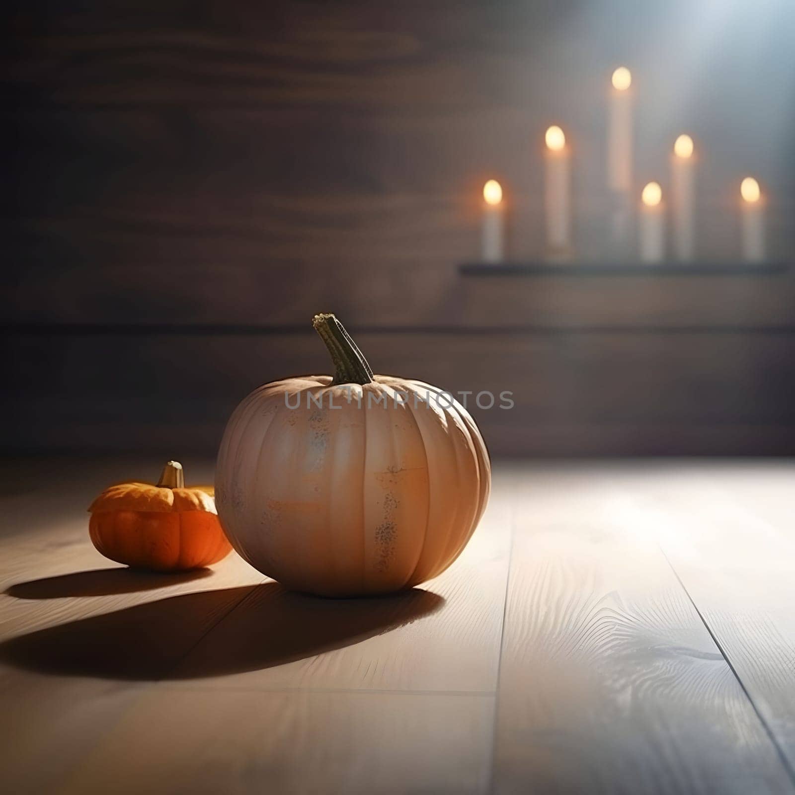 Large and small pumpkin on wooden boards, burning candles in the background, sunlight coming from above. Pumpkin as a dish of thanksgiving for the harvest. by ThemesS