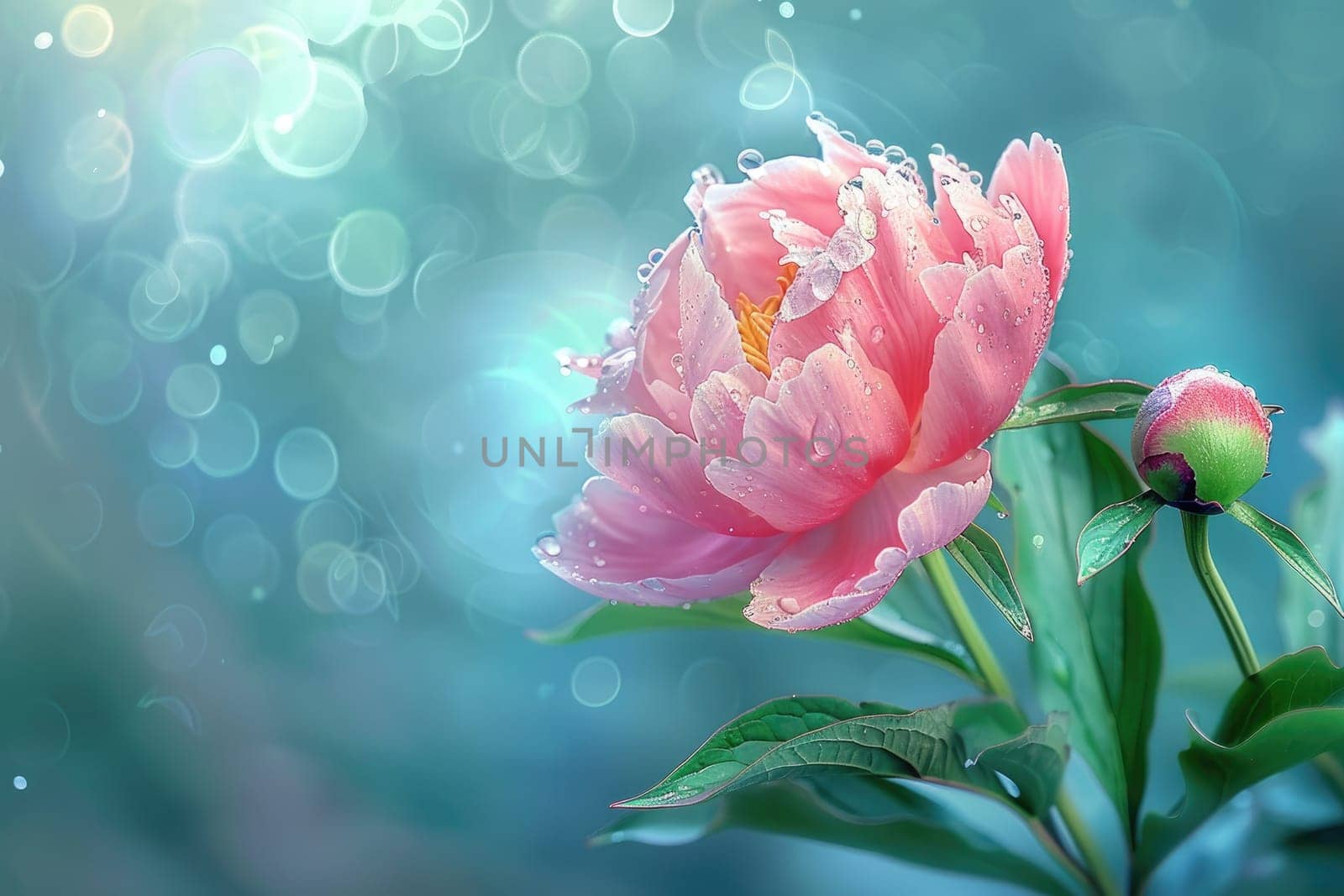 Close up view. Beautiful Peony isolated with drops of water on the petals
