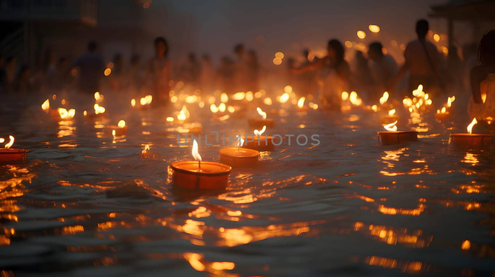 Candle lanterns floating on water. Diwali, the dipawali Indian festival of light. An atmosphere of joy and celebration.