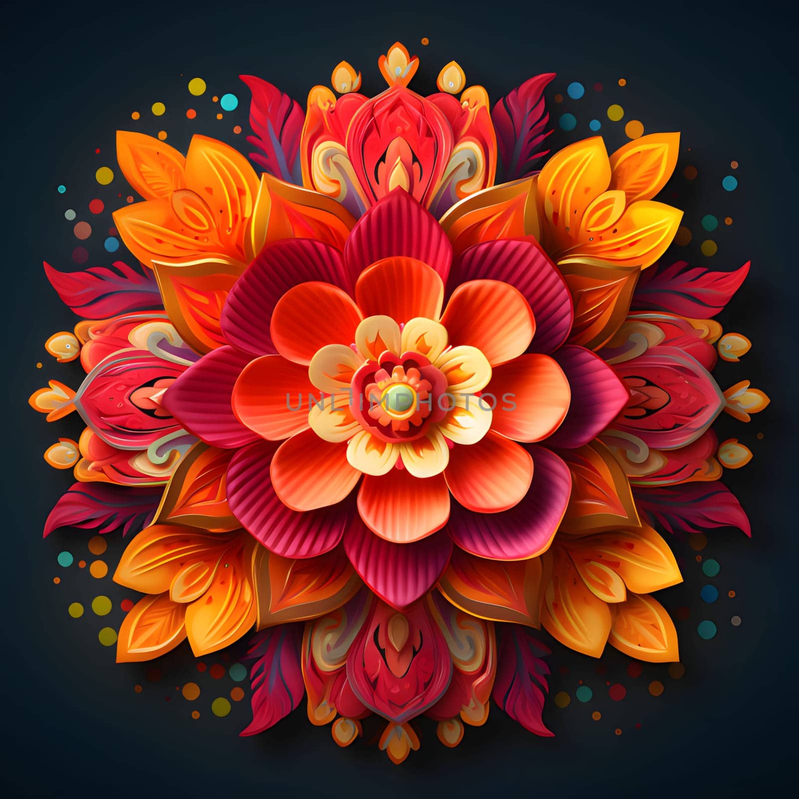 Colorful, elegantly arranged Lotus flower on a dark, solid 3D background. Diwali, the dipawali Indian festival of light. An atmosphere of joy and celebration.