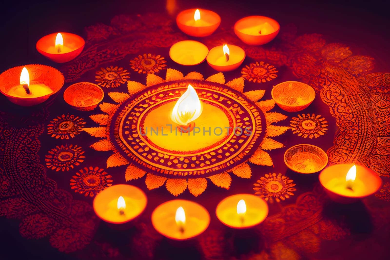 Burning candles in the shape of the Lotus flower for the festival of light. Diwali, the dipawali Indian festival of light. An atmosphere of joy and celebration.