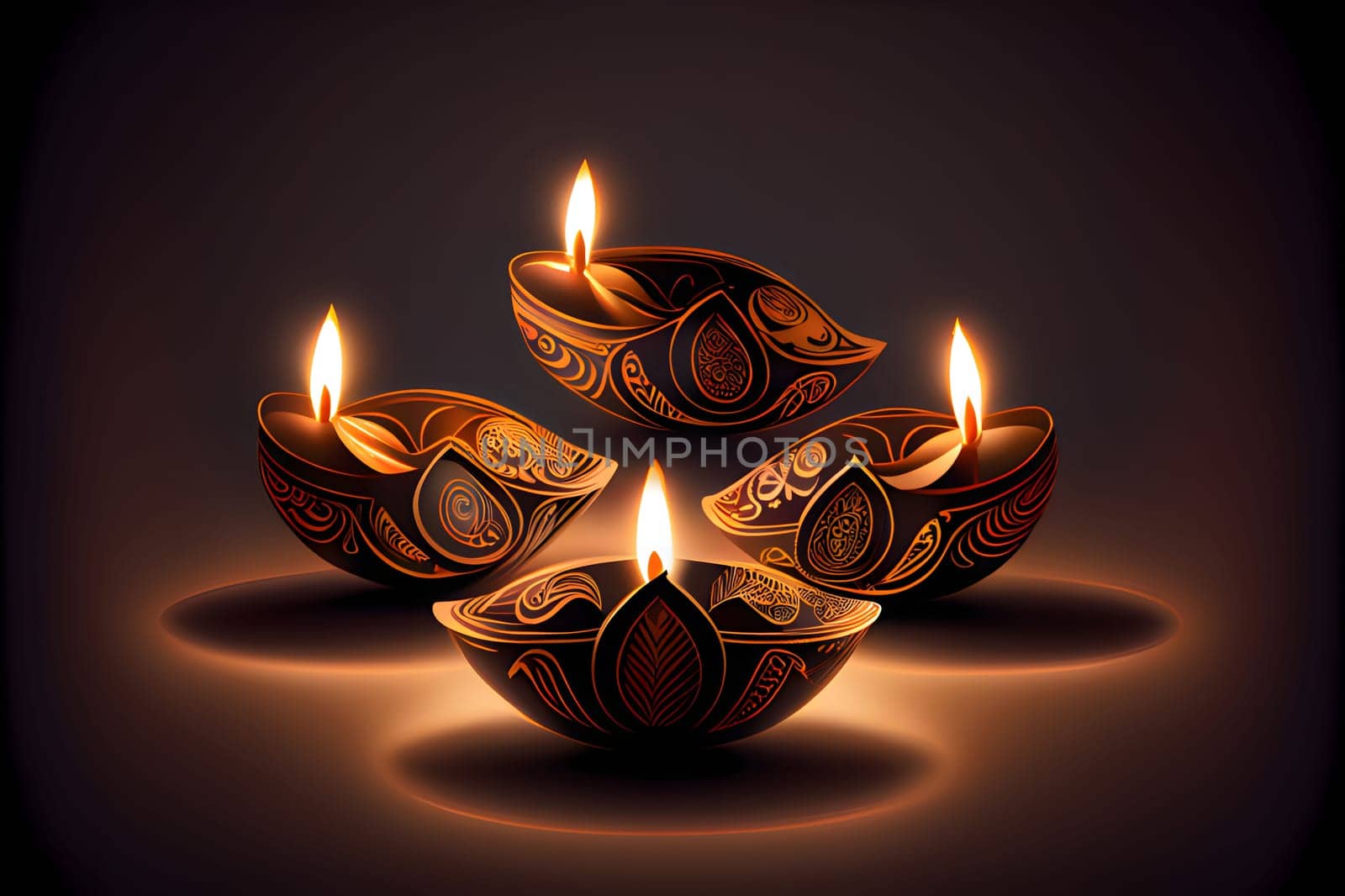 Four colorful candles with decorated patterns on a dark background. Diwali, the dipawali Indian festival of light. An atmosphere of joy and celebration.