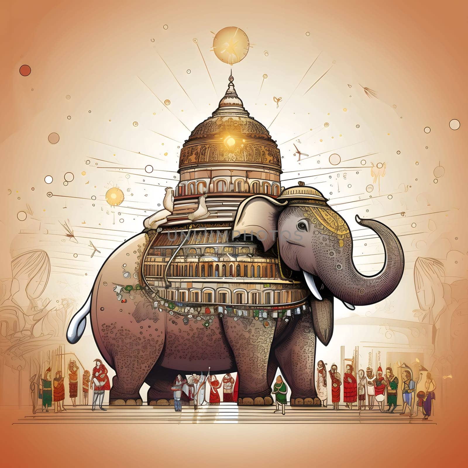 Indian martial elephant around little people festival engraving. Diwali, the dipawali Indian festival of light. An atmosphere of joy and celebration.