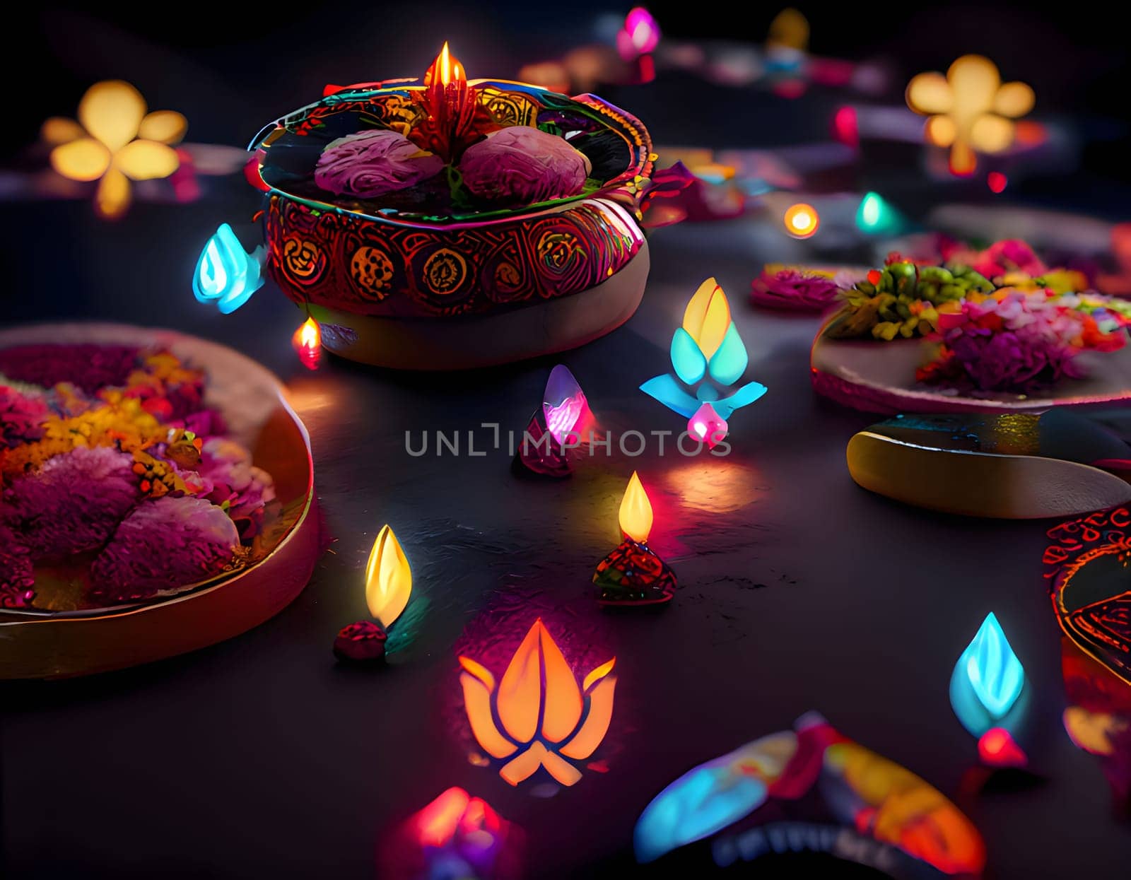 Decorated elegantly with Lotus flowers and candles stus an Indian, Hindu feast. Diwali, the dipawali Indian festival of light. An atmosphere of joy and celebration.