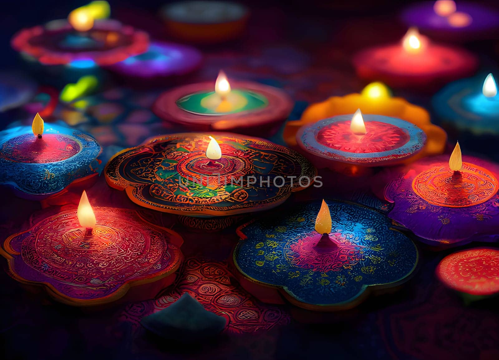 Decorated elegantly with Lotus flowers and candles stus an Indian, Hindu feast. Diwali, the dipawali Indian festival of light. An atmosphere of joy and celebration.