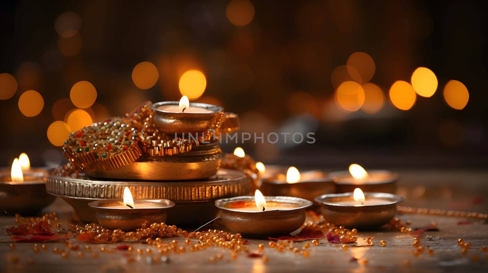 Burning small silver candles, decorated with gold balls on a dark smudged background with a side effect. Diwali, the dipawali Indian festival of light. An atmosphere of joy and celebration.