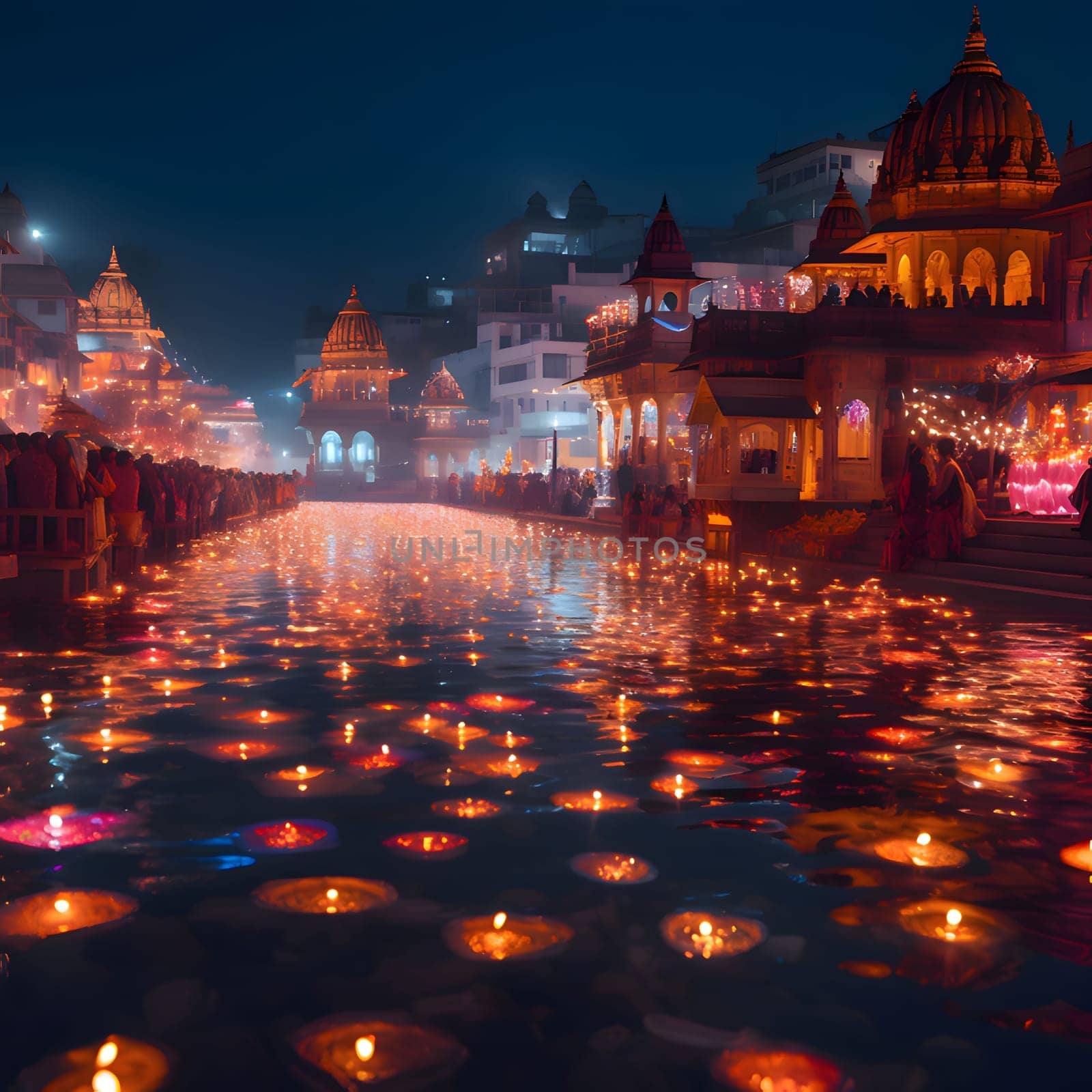 Colorful, burning candles on a sheet of water behind Hindu temples, buildings, night, celebration. Diwali, the dipawali Indian festival of light. An atmosphere of joy and celebration.