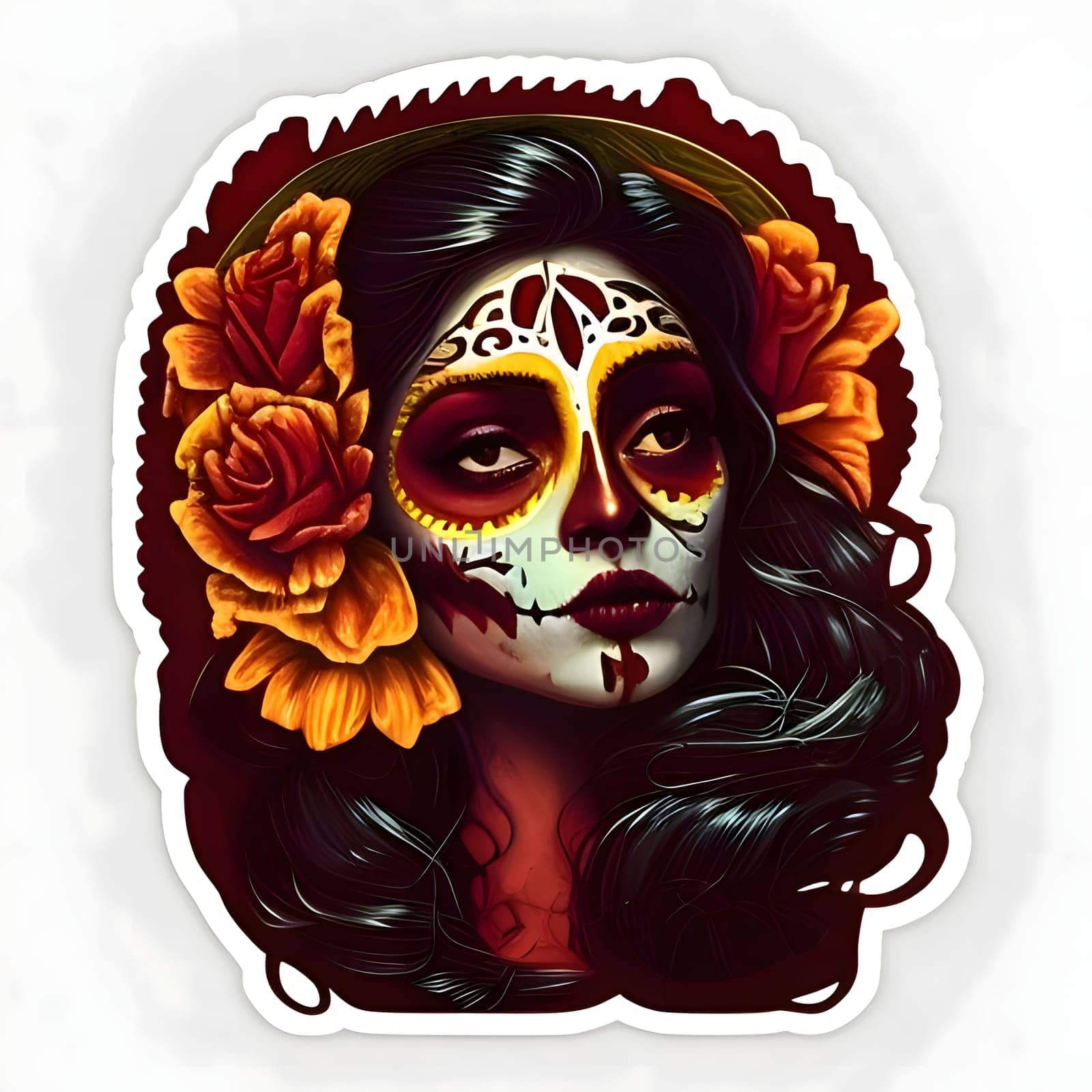 Sticker of a woman with long hair and skull makeup on her face with flowers in her hair. For the day of the dead and halloween, white isolated background. by ThemesS