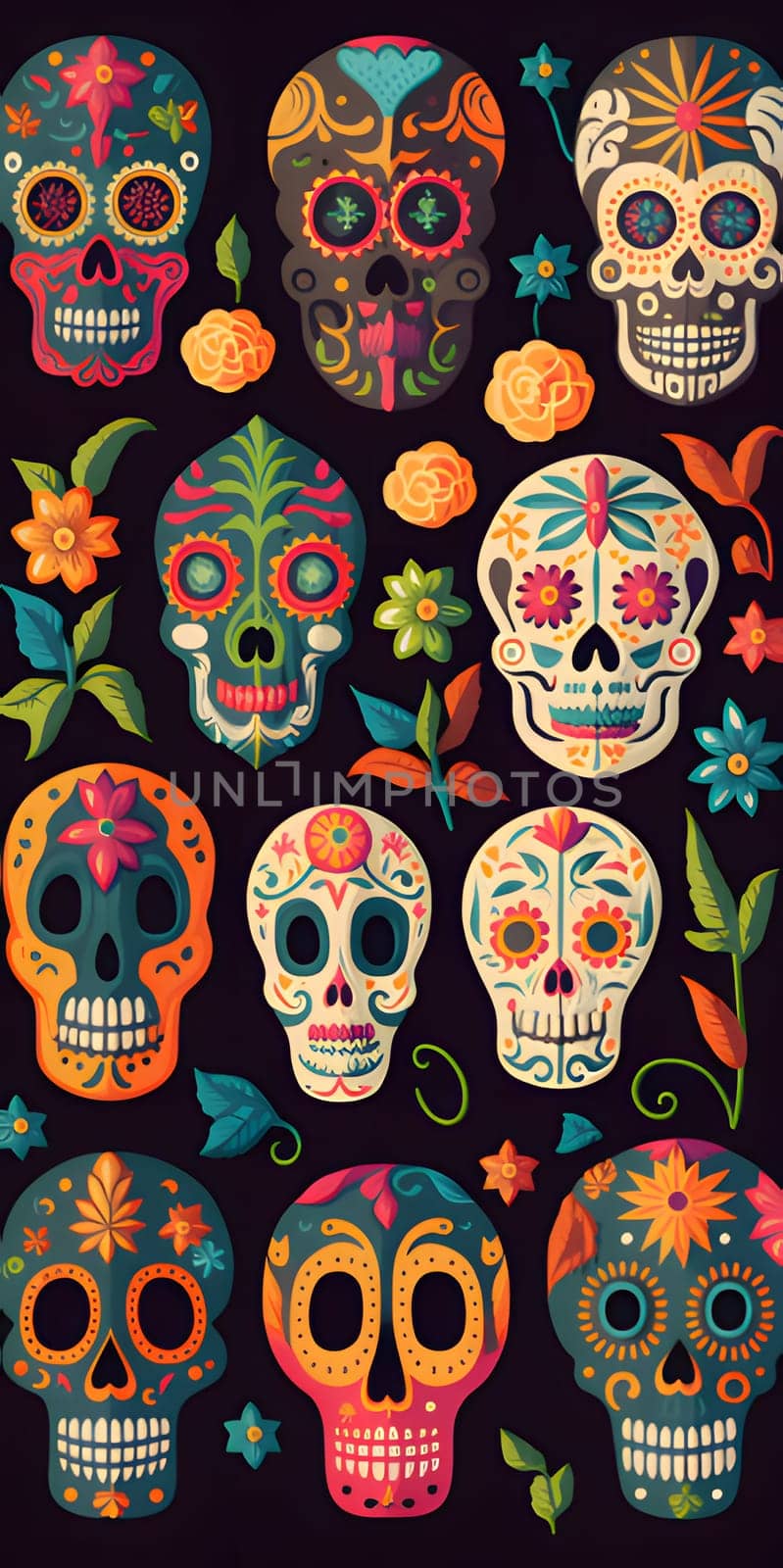 Human skulls decorated with paint, flowers. as abstract background, wallpaper, banner, texture design with pattern - vector. Dark blue colors. by ThemesS